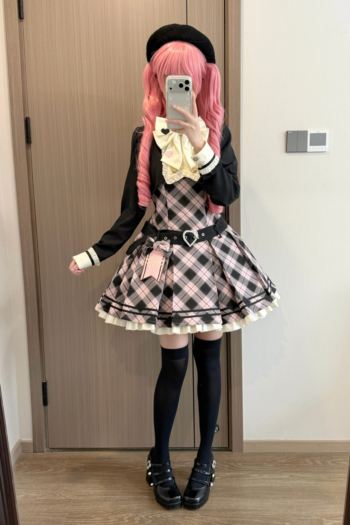 Check Sweet College Faux Two-Piece Dress + Beret