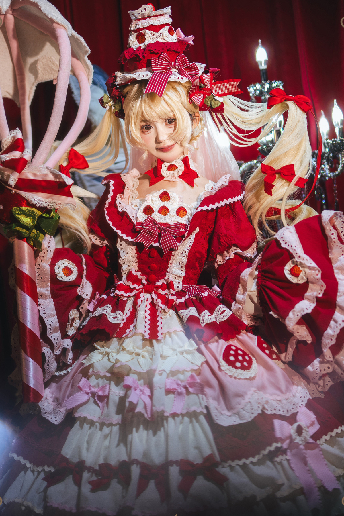 Strawberry Fantasy Lolita Dress + Jumper Skirt + Ribbon + Sleeves + Bonnet