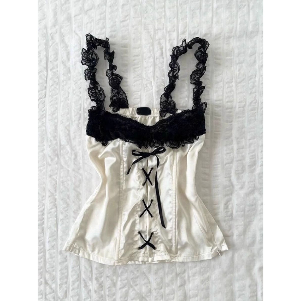 Vintage lace bottoming shirt black and white stitching suspenders