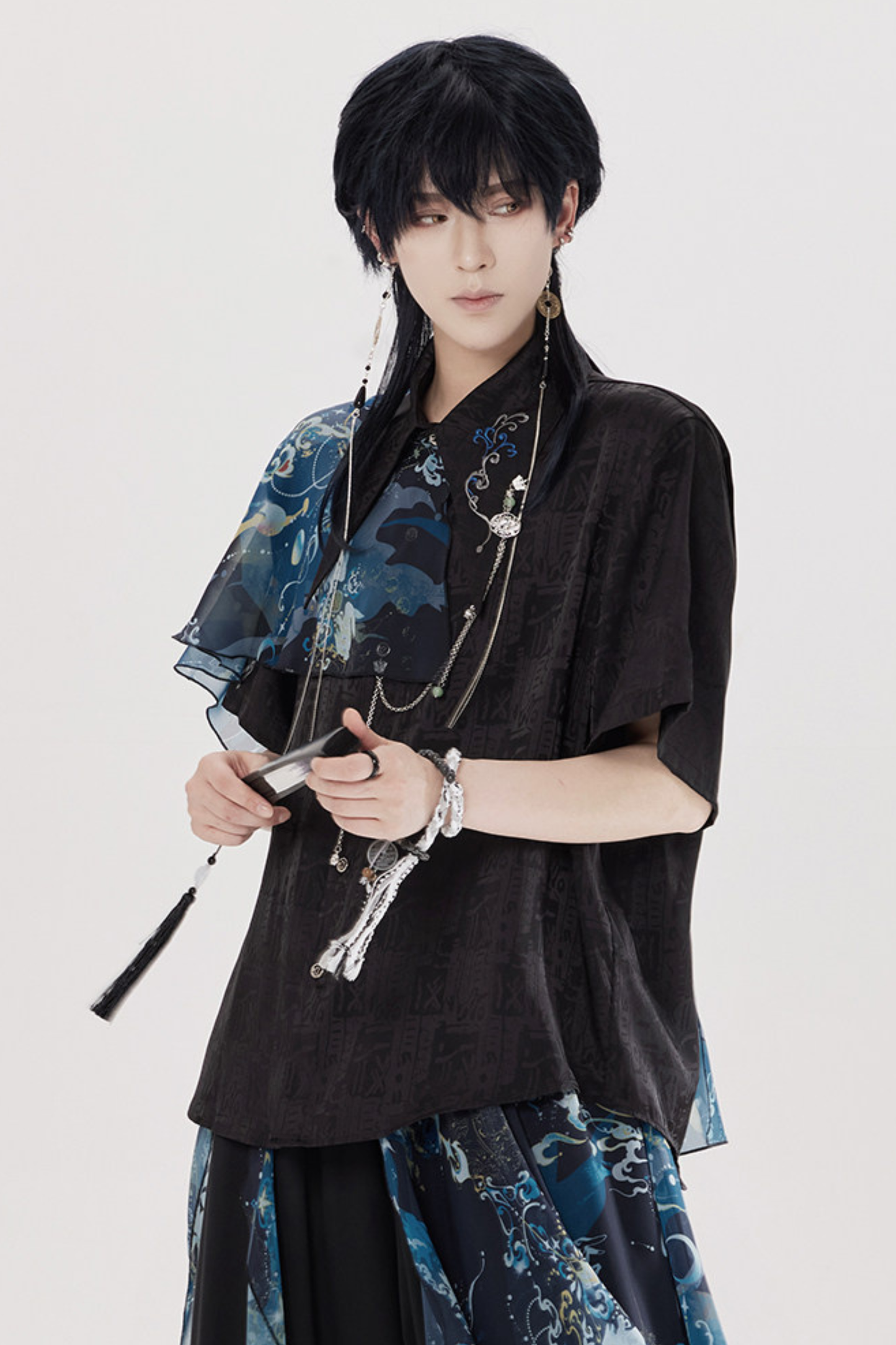 Dark China Shirt + Wide Leg Pants + Chain + Belt
