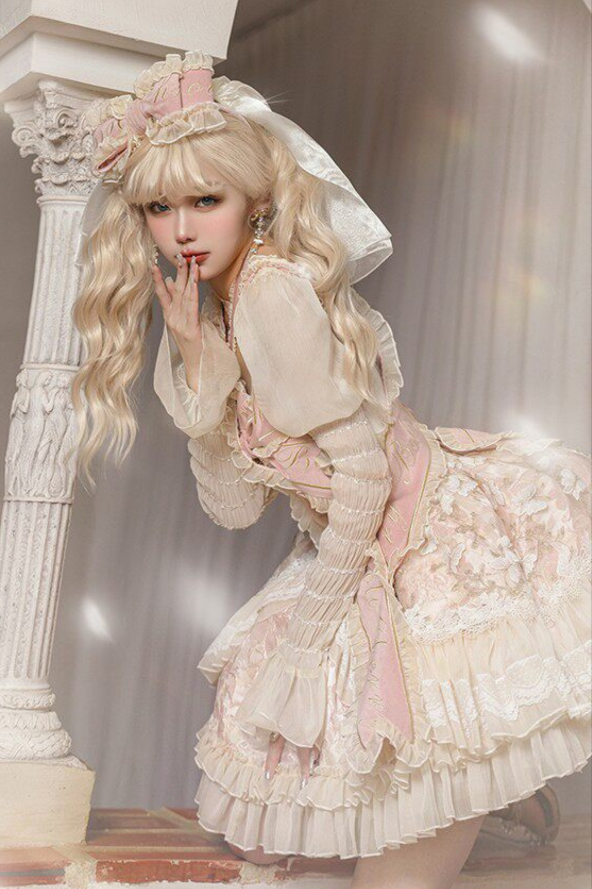 Sweet Baroque Lolita Dress + Veil + Ribbon + Headband + Tail + Sleeves