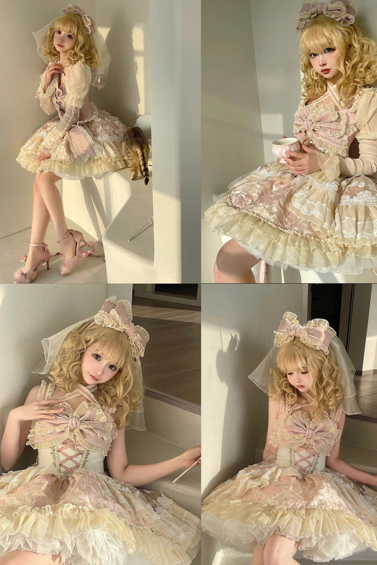 Sweet Baroque Lolita Dress + Veil + Ribbon + Headband + Tail + Sleeves