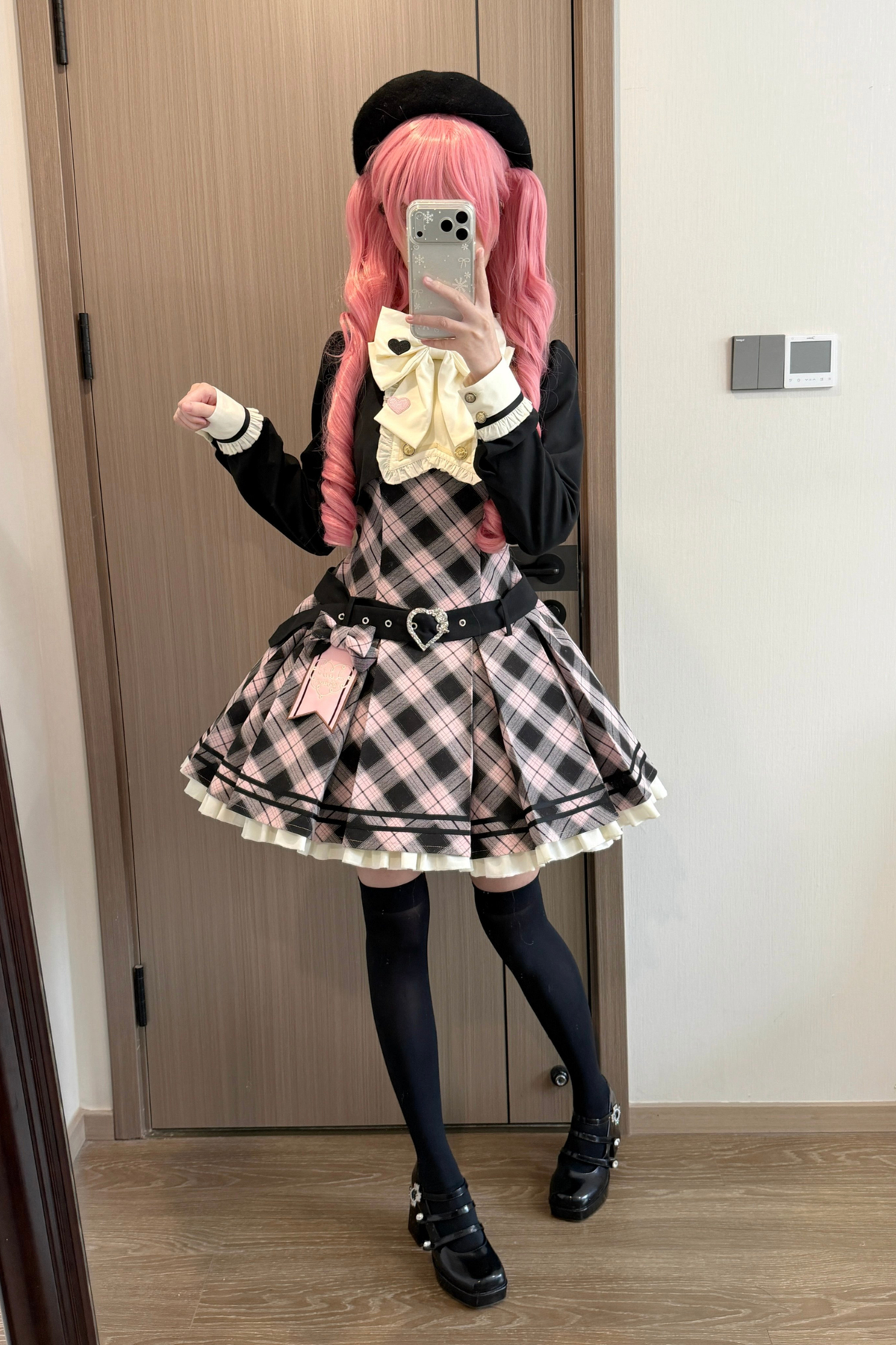 Check Sweet College Faux Two-Piece Dress + Beret