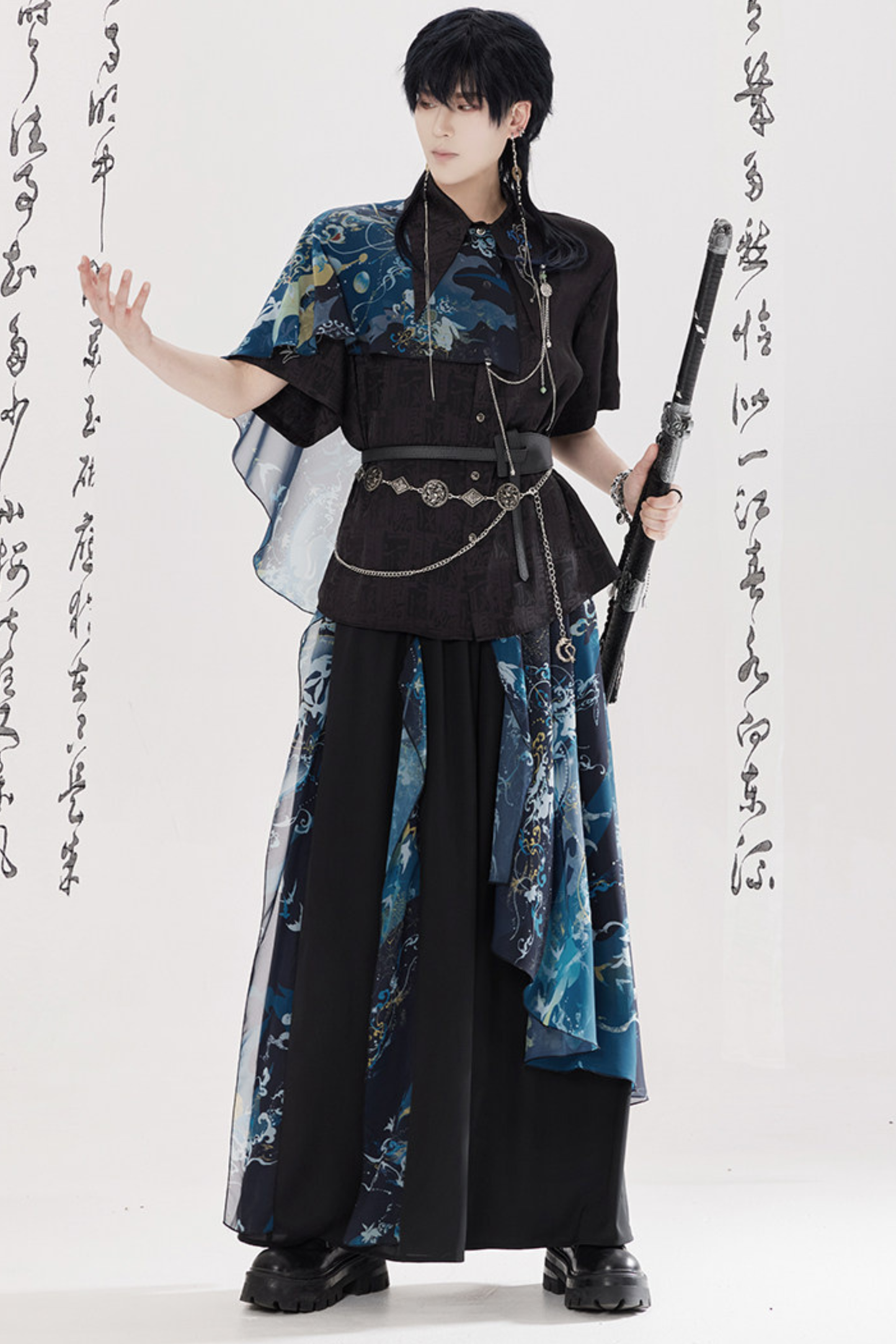 Dark China Shirt + Wide Leg Pants + Chain + Belt