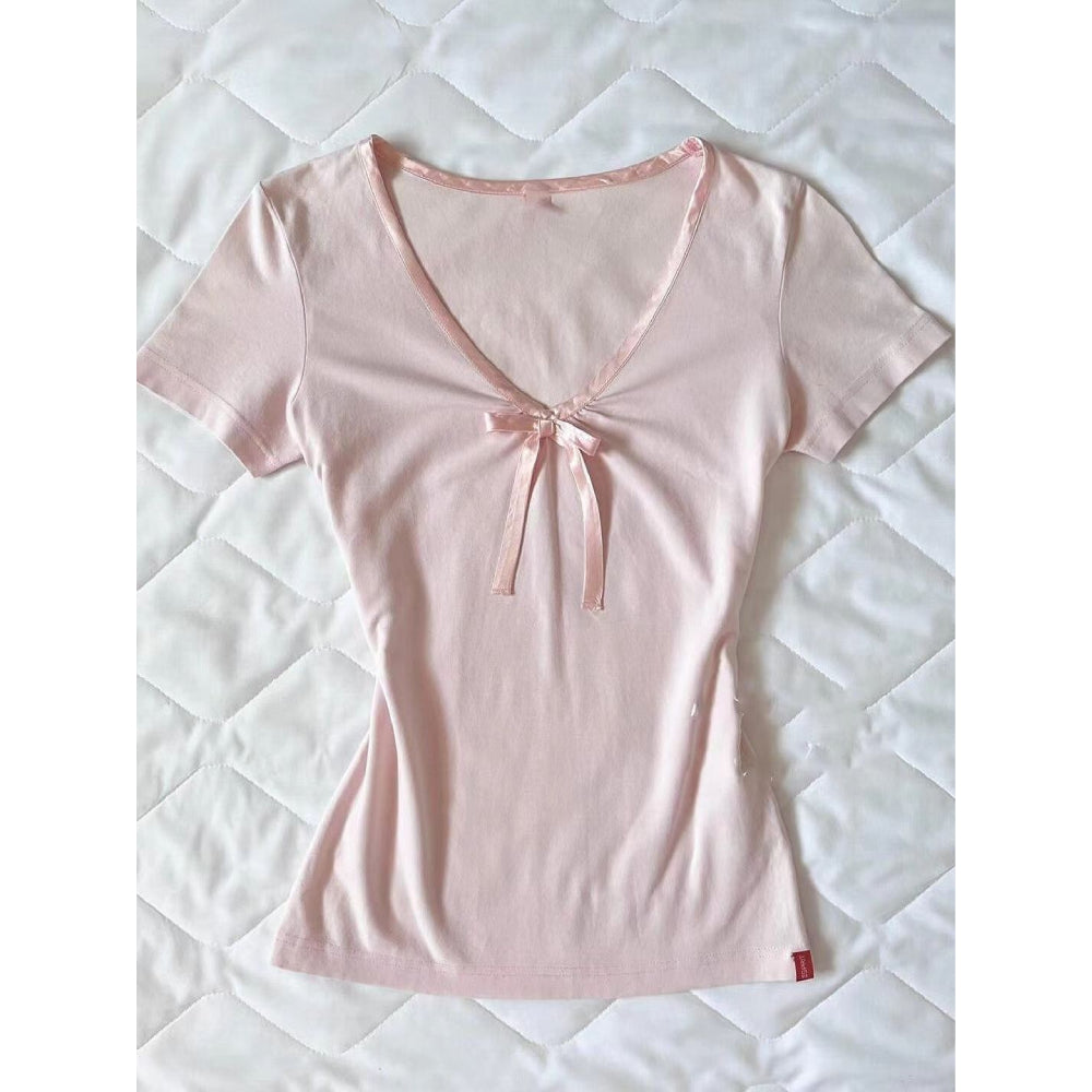 retro vintage pink bow short sleeves