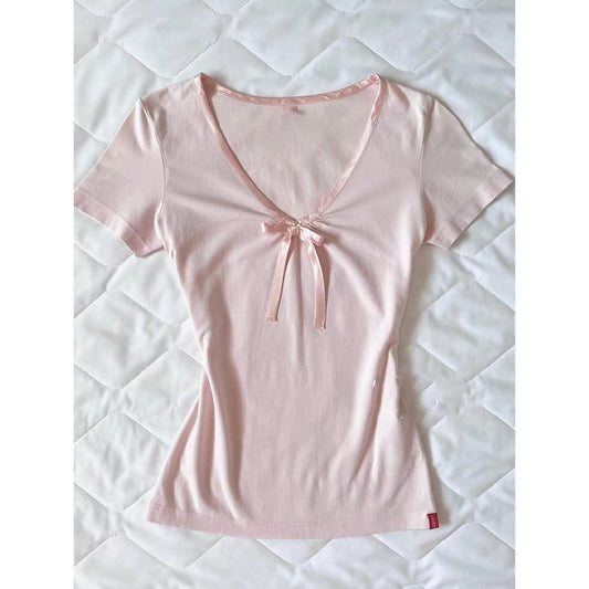 retro vintage pink bow short sleeves