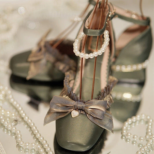 Romance Bowknot Lace Pearl Sweet Elegant Lolita Shoes 4 Colors Green