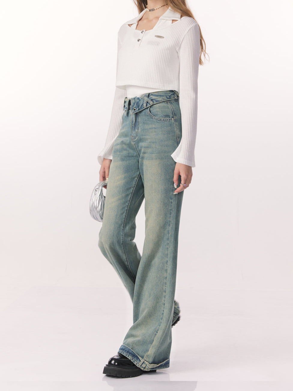 Retro Washed Straight Wide-leg Jeans