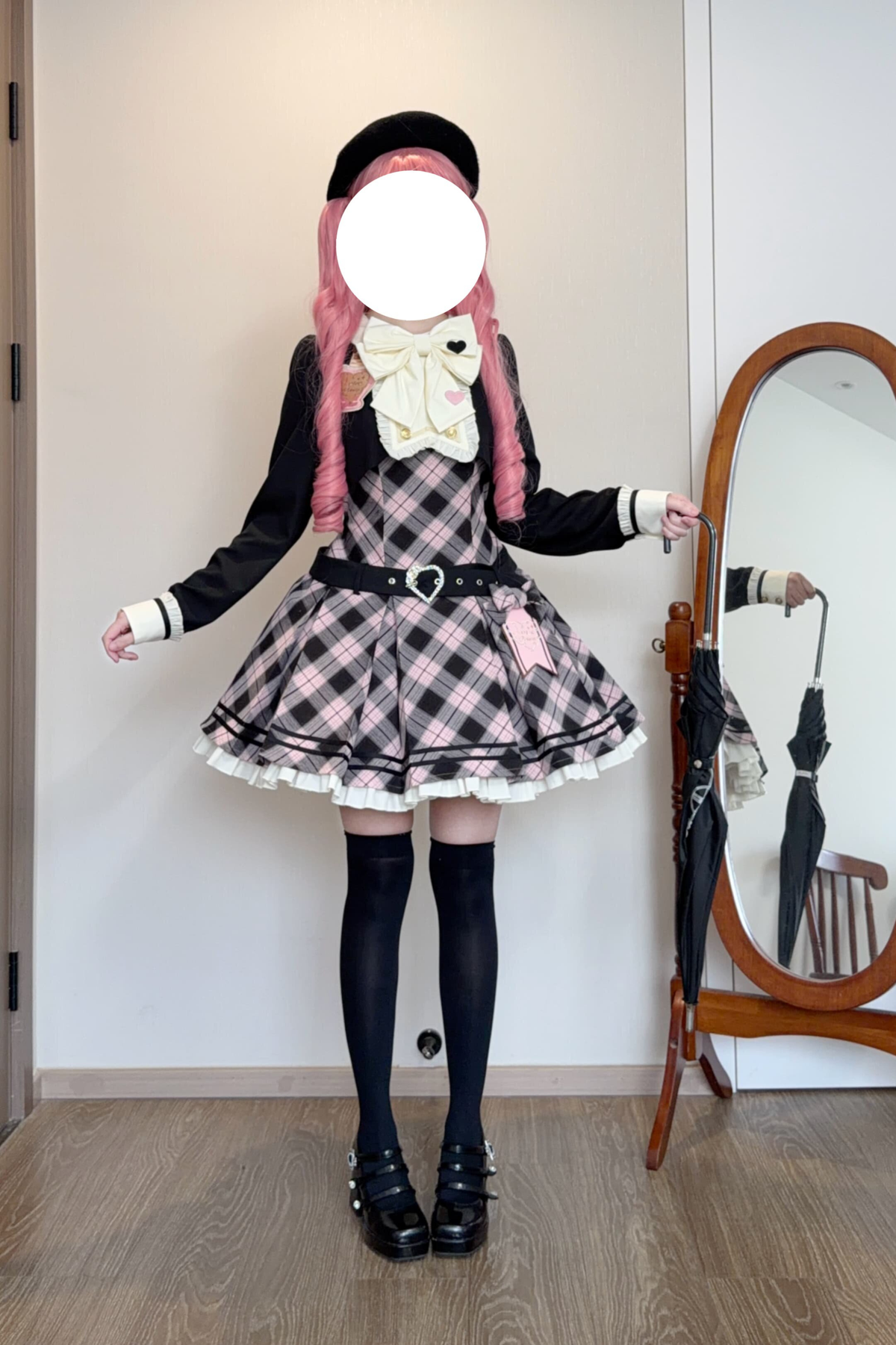 Check Sweet College Faux Two-Piece Dress + Beret