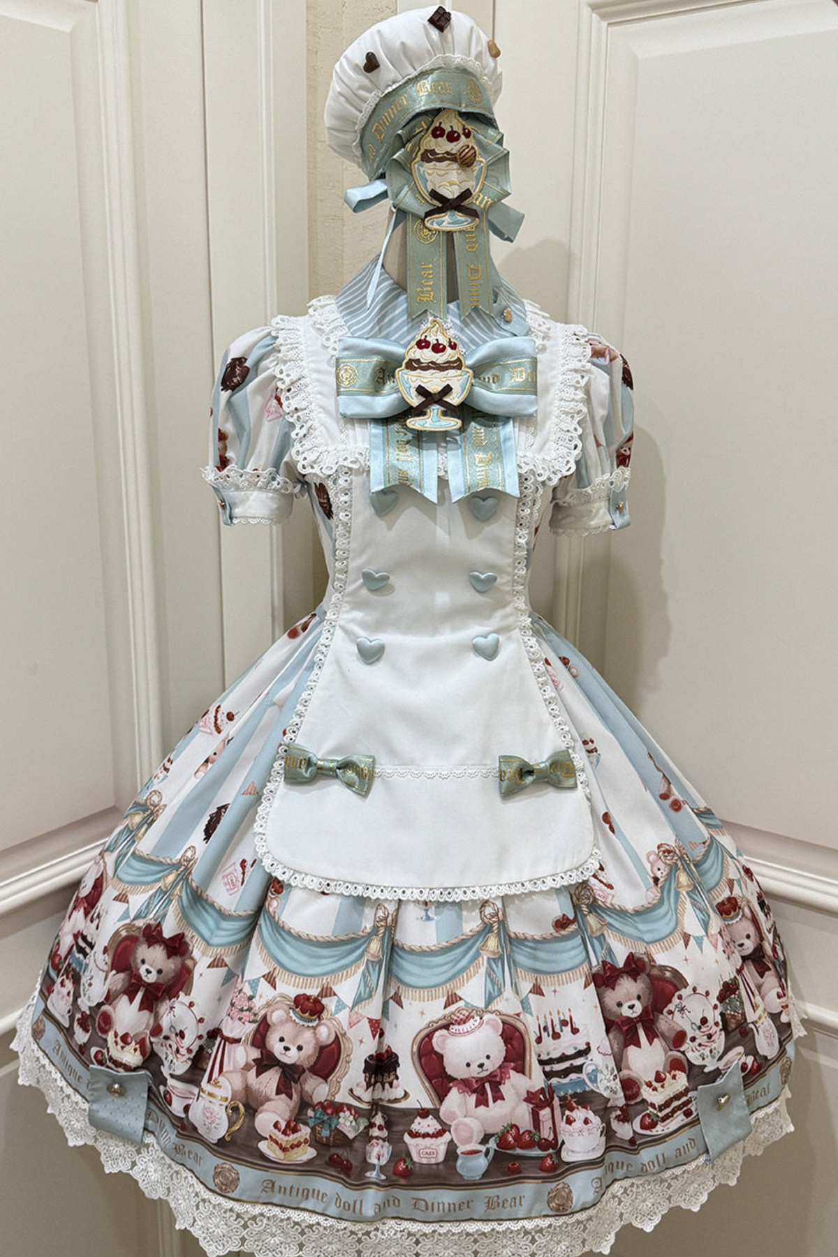 Antique Bear Chef Lolita Dress + Apron + Sleeves + Headband + Brooch + Hair Clip + Hat