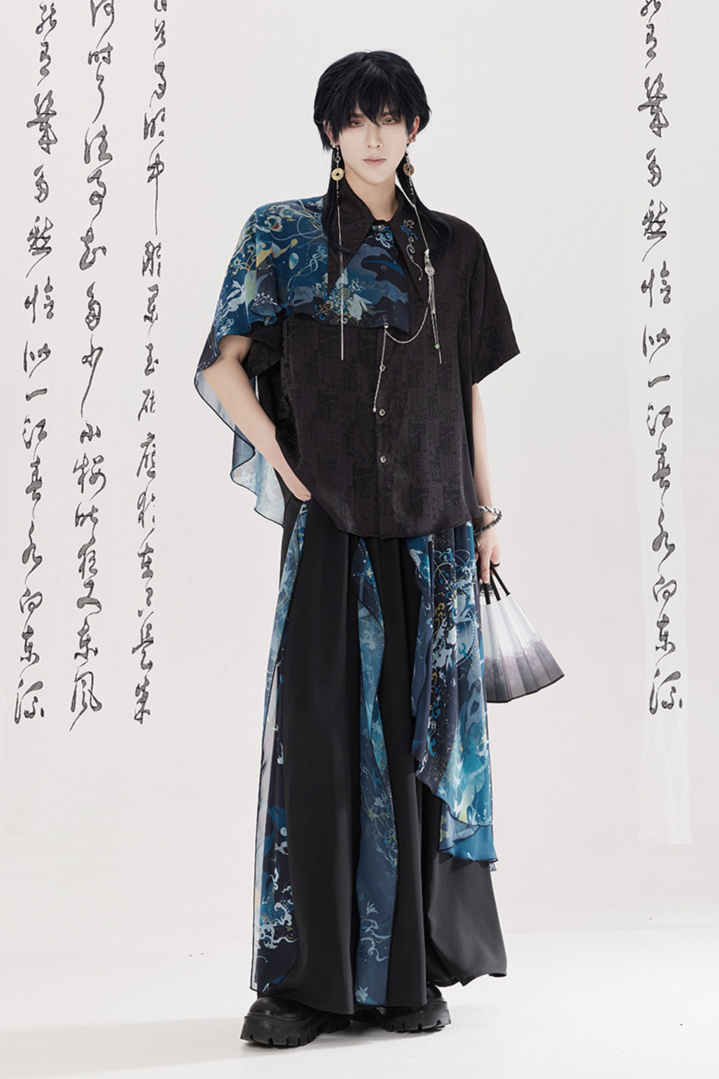 Dark China Shirt + Wide Leg Pants + Chain + Belt