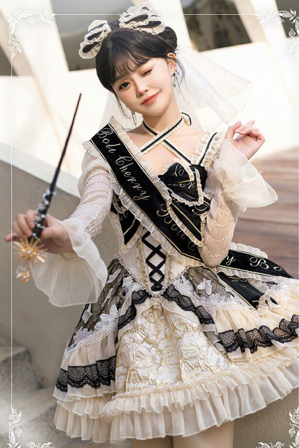 Sweet Baroque Lolita Dress + Veil + Ribbon + Headband + Tail + Sleeves