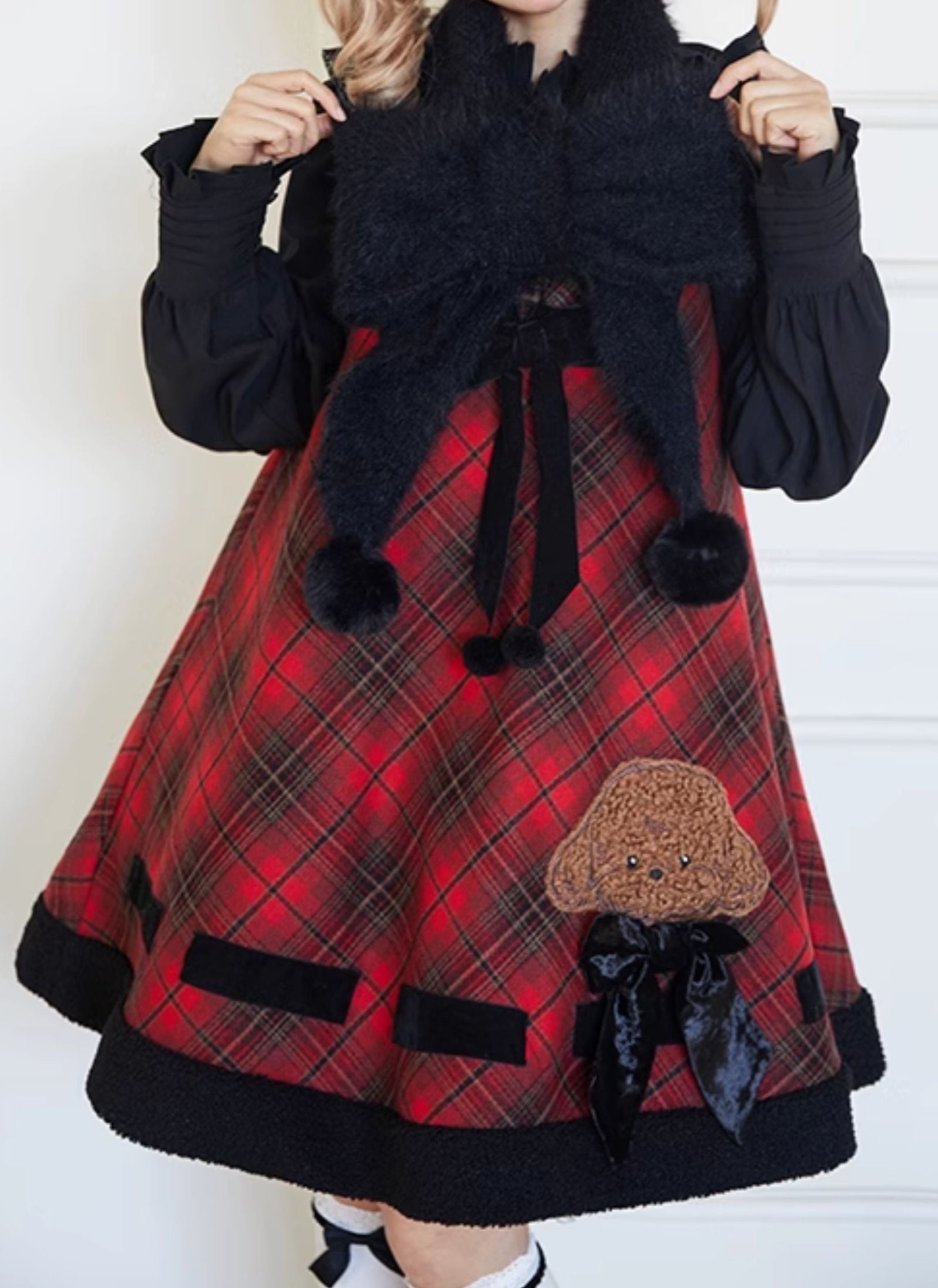 Red Plaid Teddy Dog Embroidered Dress