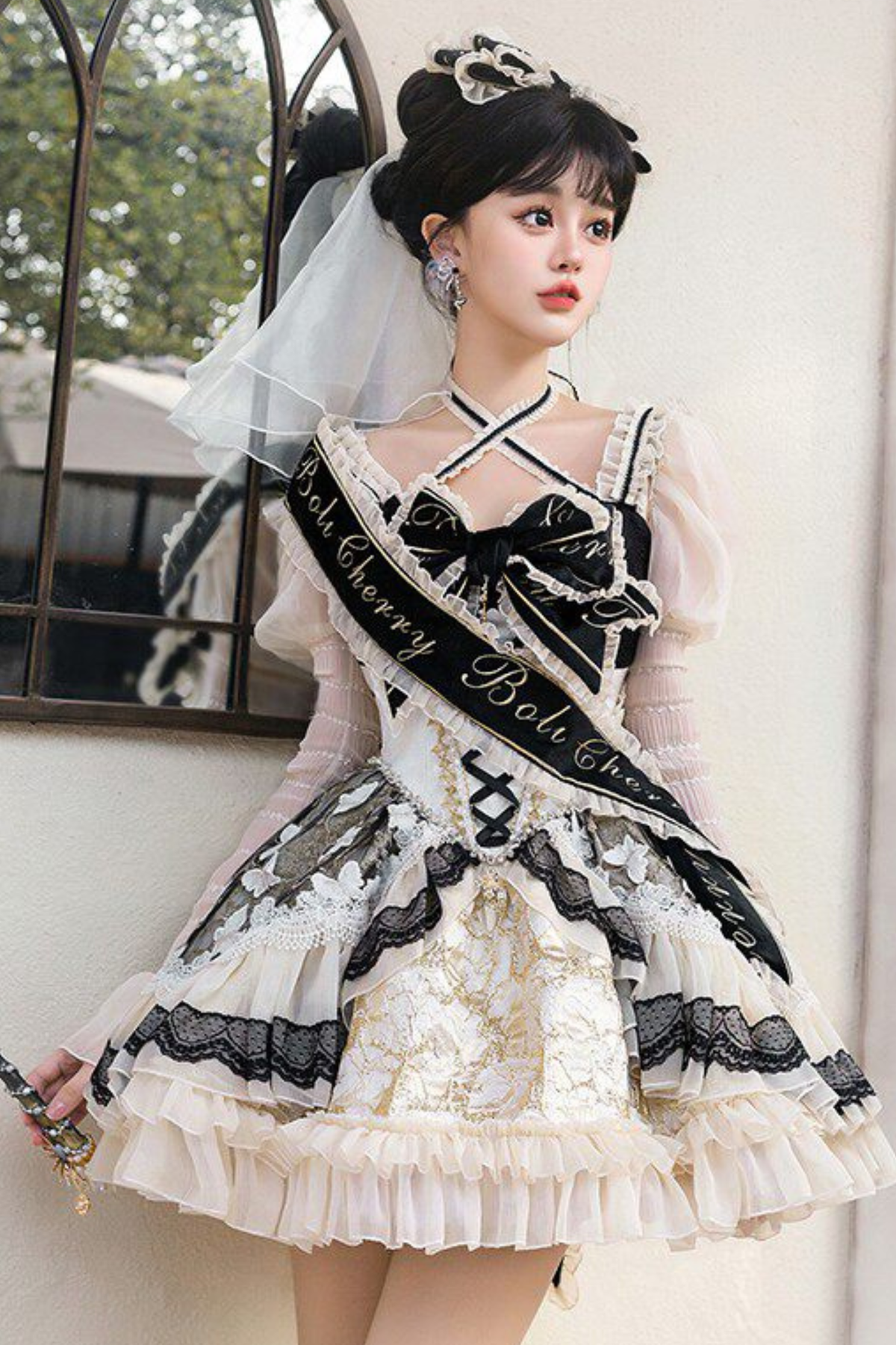 Sweet Baroque Lolita Dress + Veil + Ribbon + Headband + Tail + Sleeves