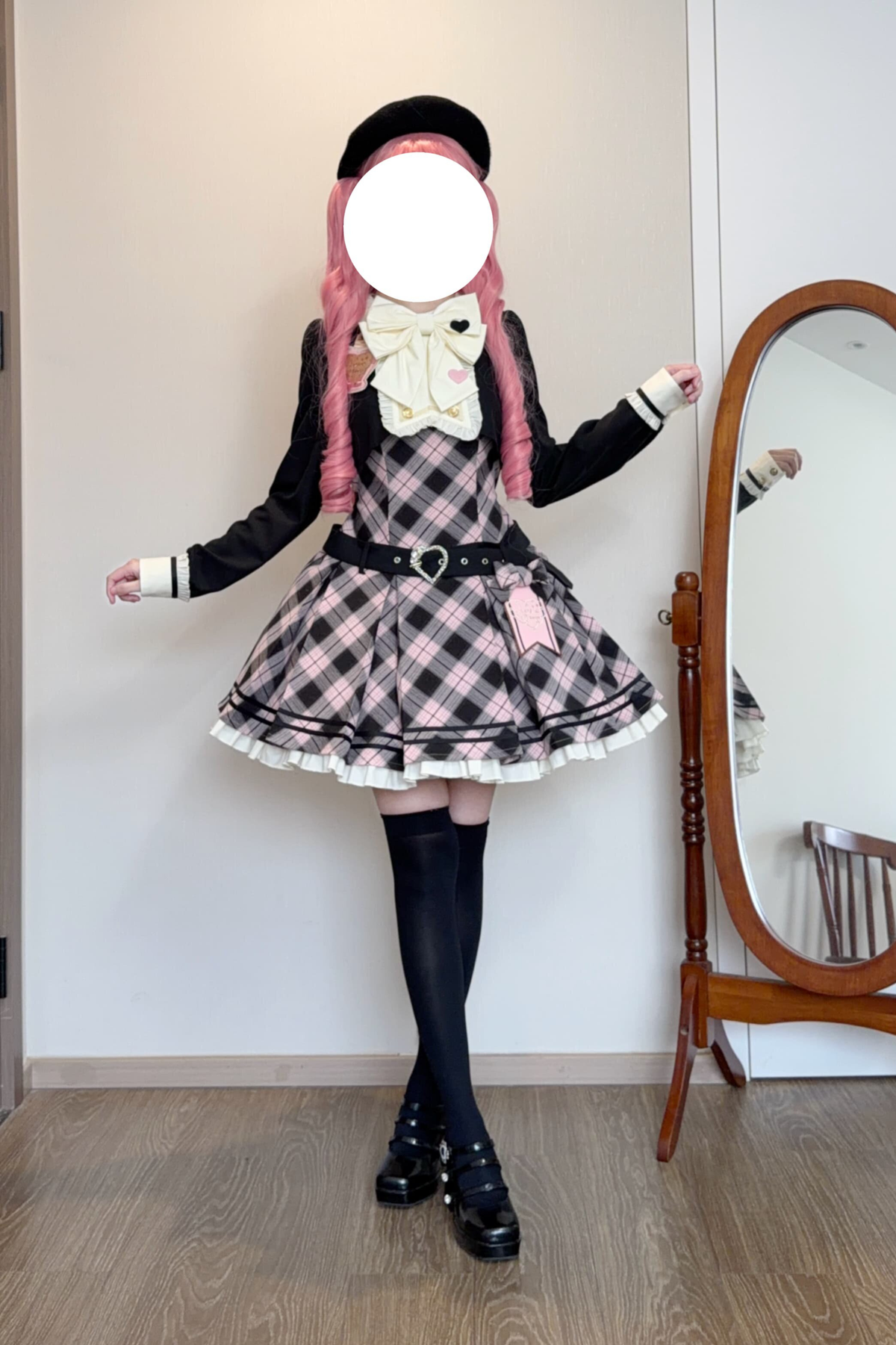 Check Sweet College Faux Two-Piece Dress + Beret
