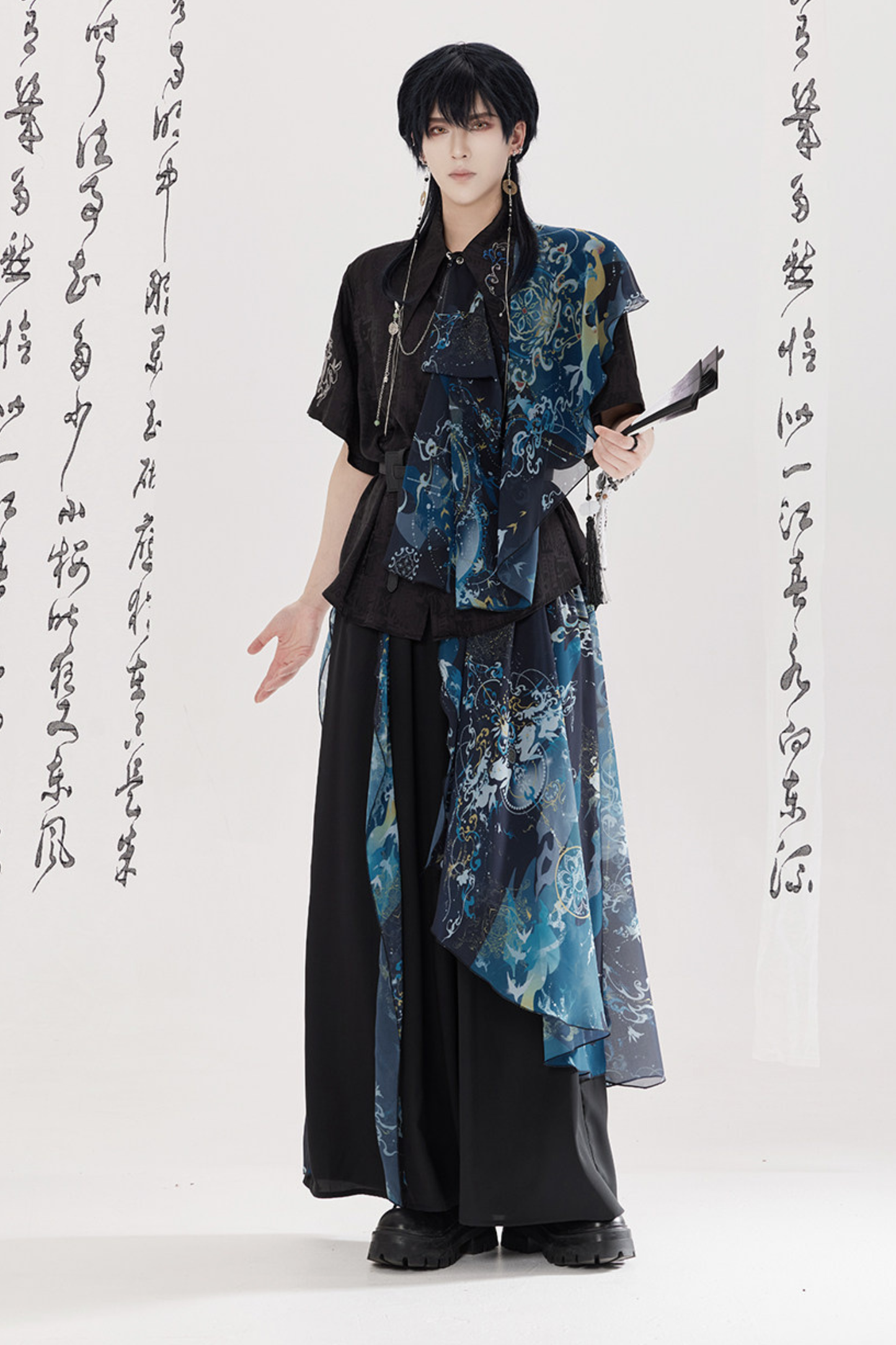 Dark China Shirt + Wide Leg Pants + Chain + Belt
