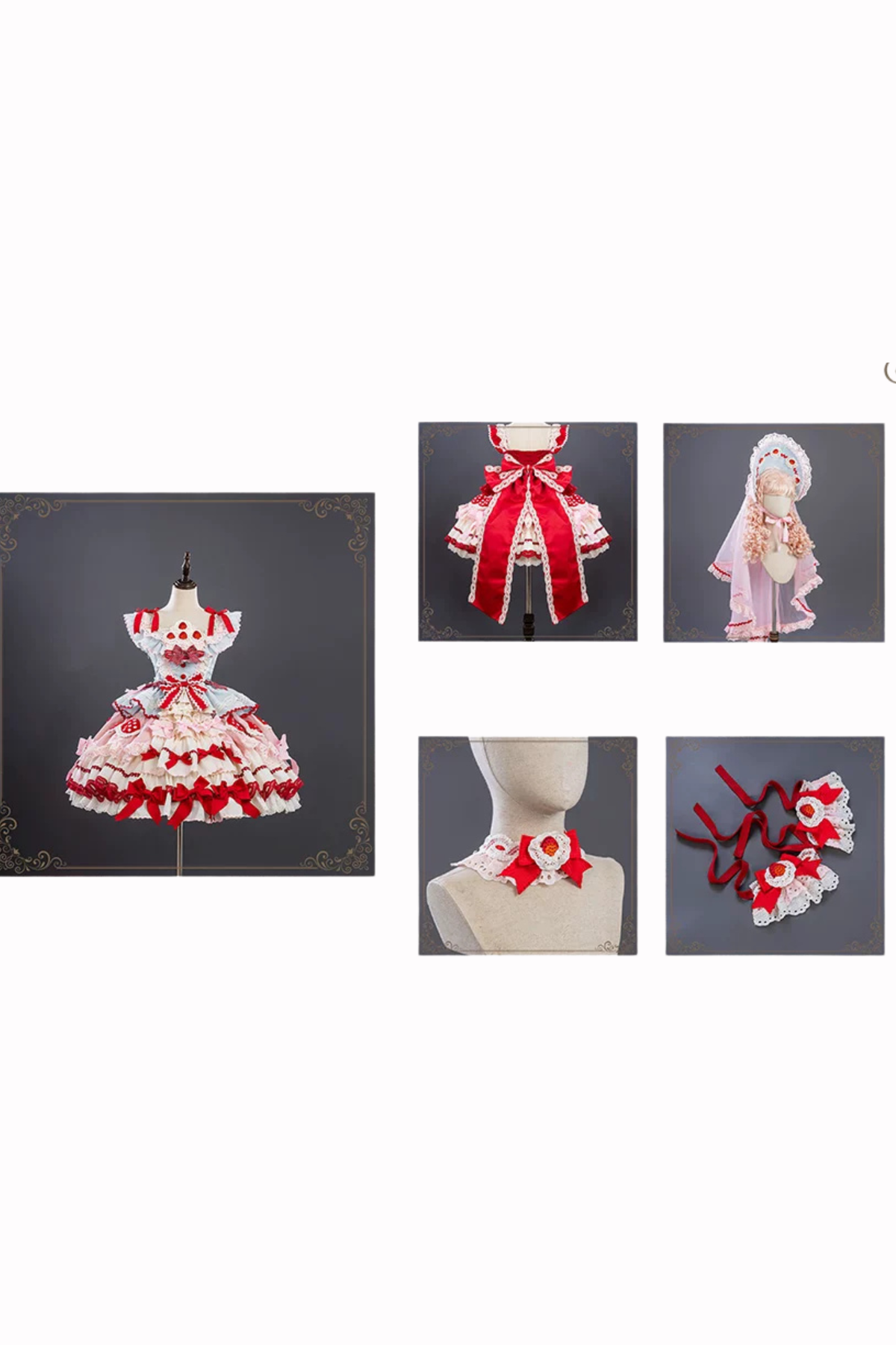 Strawberry Fantasy Lolita Dress + Jumper Skirt + Ribbon + Sleeves + Bonnet Blue［Set］