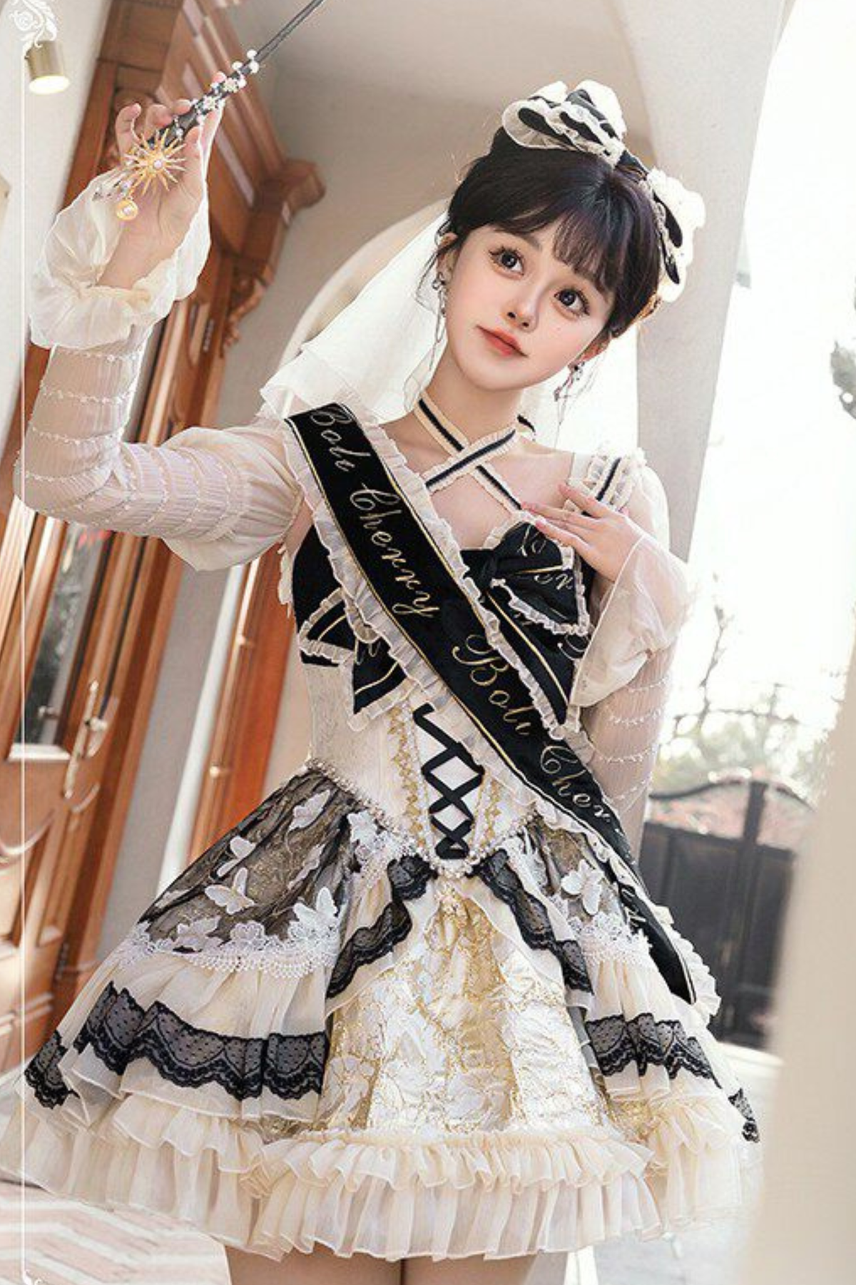 Sweet Baroque Lolita Dress + Veil + Ribbon + Headband + Tail + Sleeves