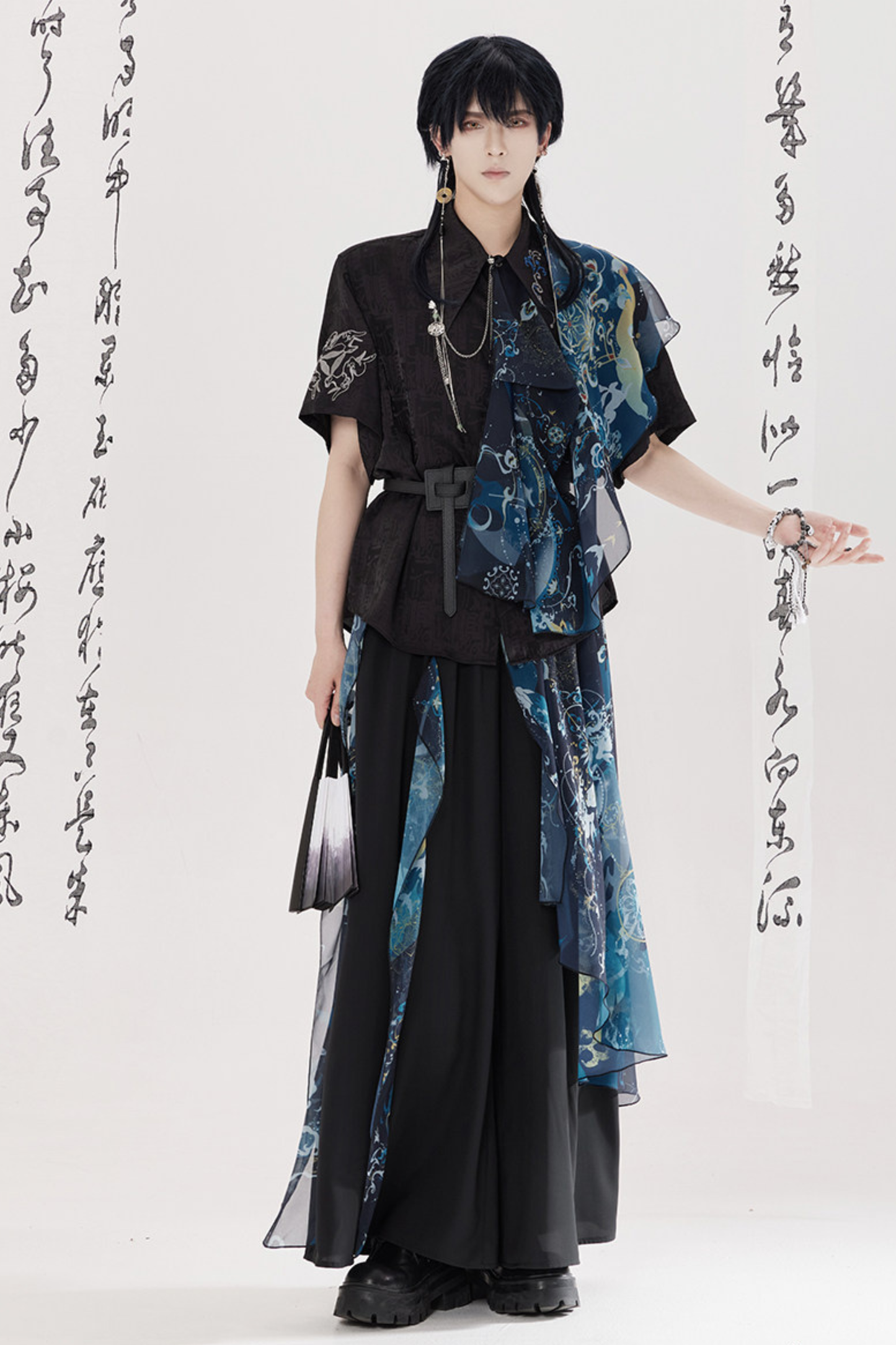 Dark China Shirt + Wide Leg Pants + Chain + Belt