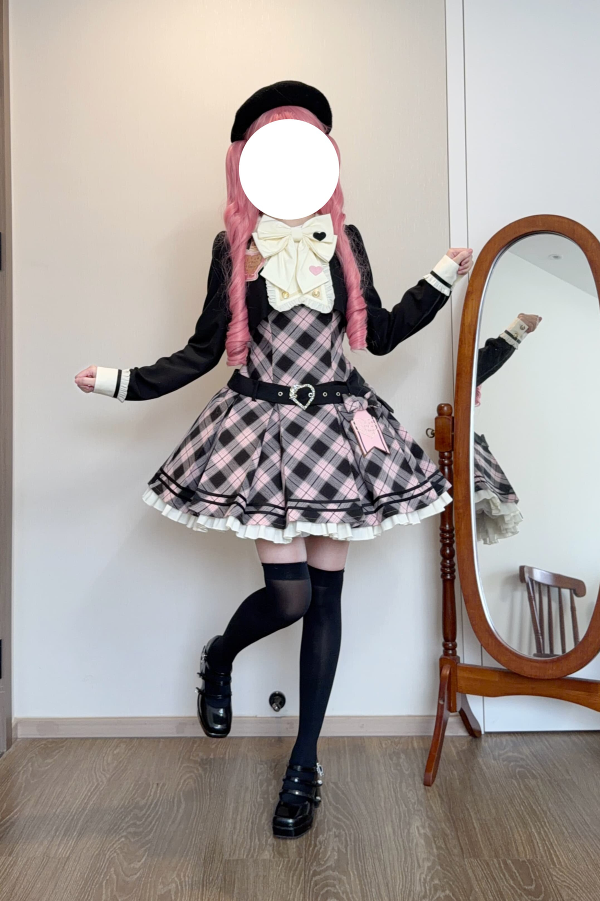 Check Sweet College Faux Two-Piece Dress + Beret