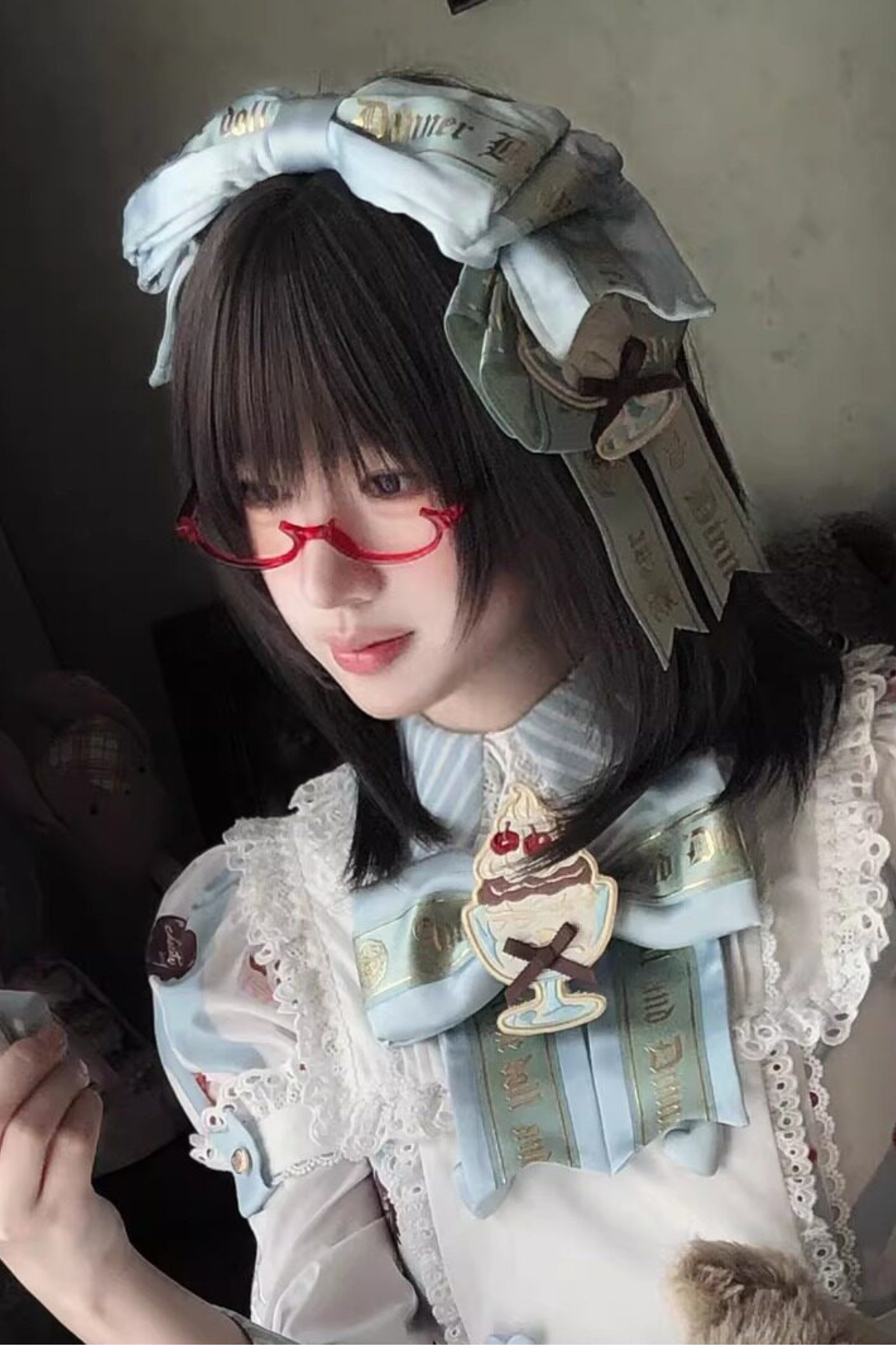 Antique Bear Chef Lolita Dress + Apron + Sleeves + Headband + Brooch + Hair Clip + Hat Blue ［Kc］ S