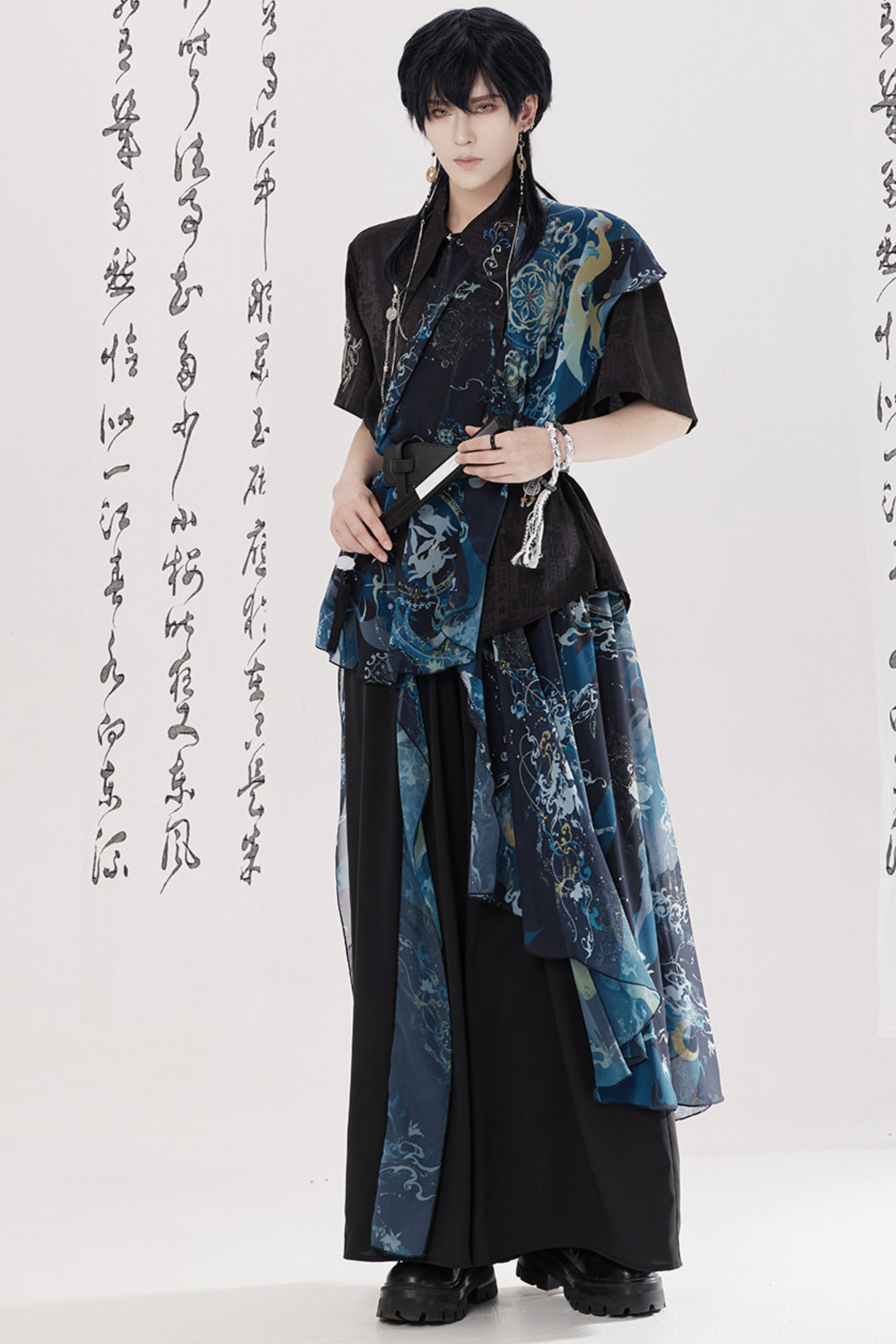 Dark China Shirt + Wide Leg Pants + Chain + Belt