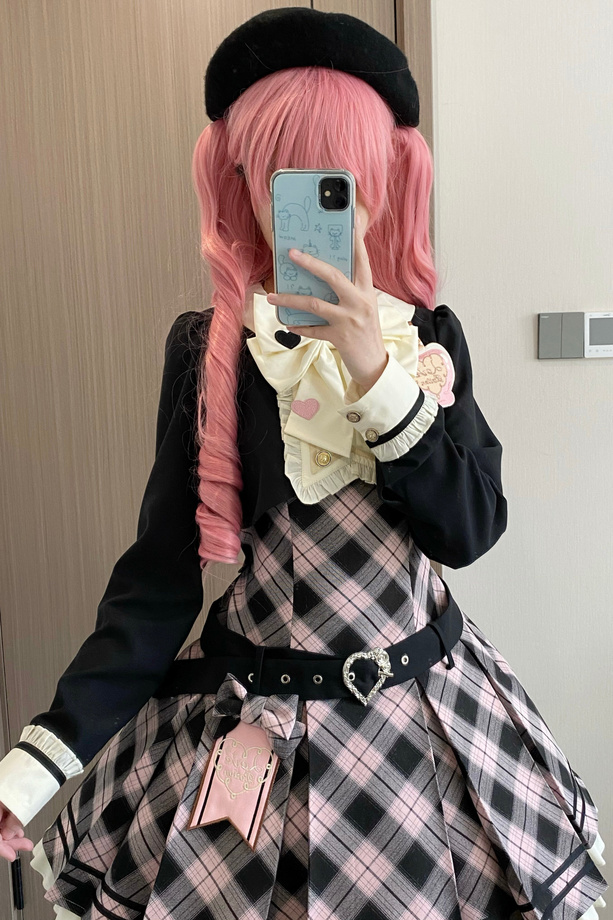 Check Sweet College Faux Two-Piece Dress + Beret