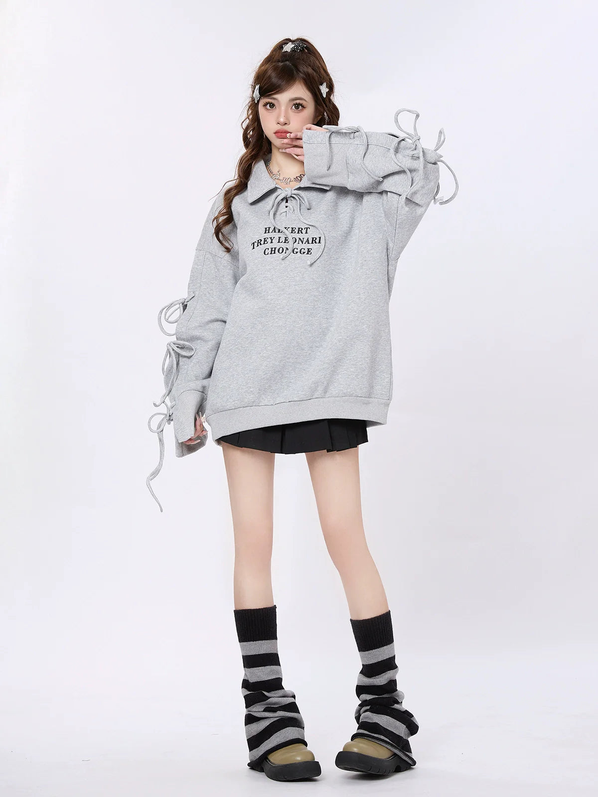 Strap Design Polo Collar Loose Sweatshirt