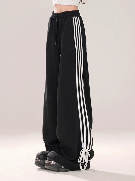 American Street Drawstring Ribbon Design Casual Pants Black pants