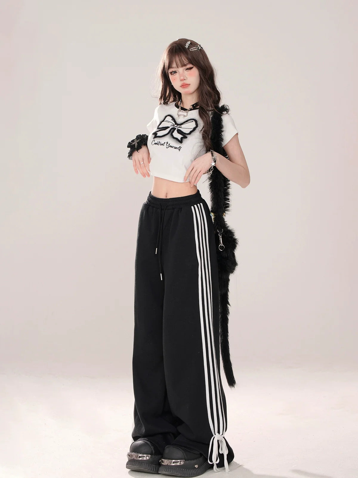 American Street Drawstring Ribbon Design Casual Pants