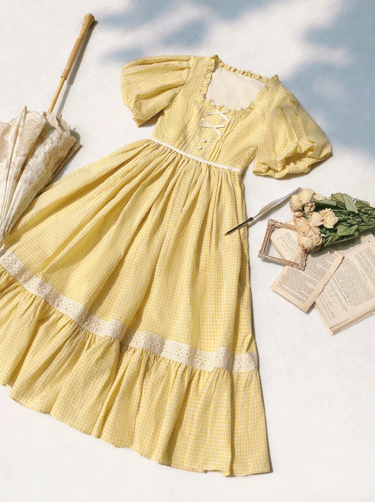 【Pre-order item】Retro Girly Yellow Dress + Apron + Ribbon Dress [short sleeves]