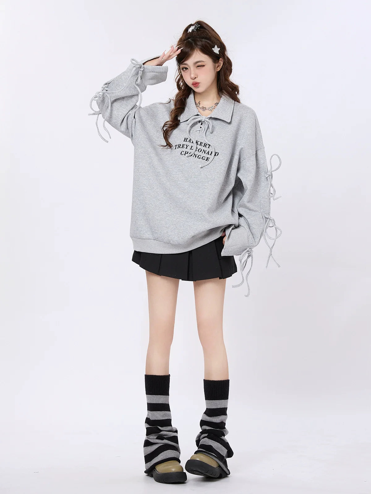 Strap Design Polo Collar Loose Sweatshirt