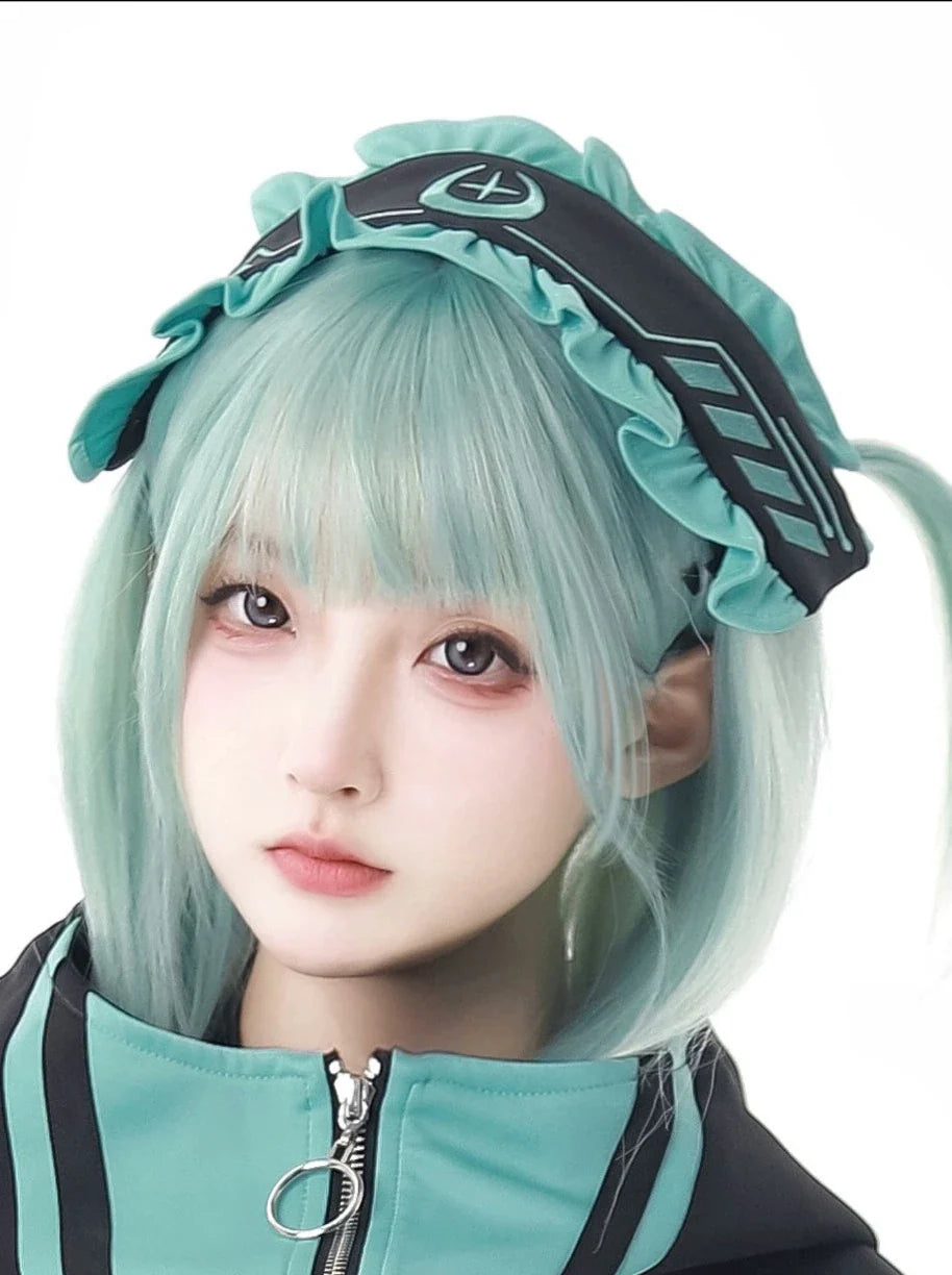 Sporty Cyber Subculture Complete Set Green onion and black headband (one size)