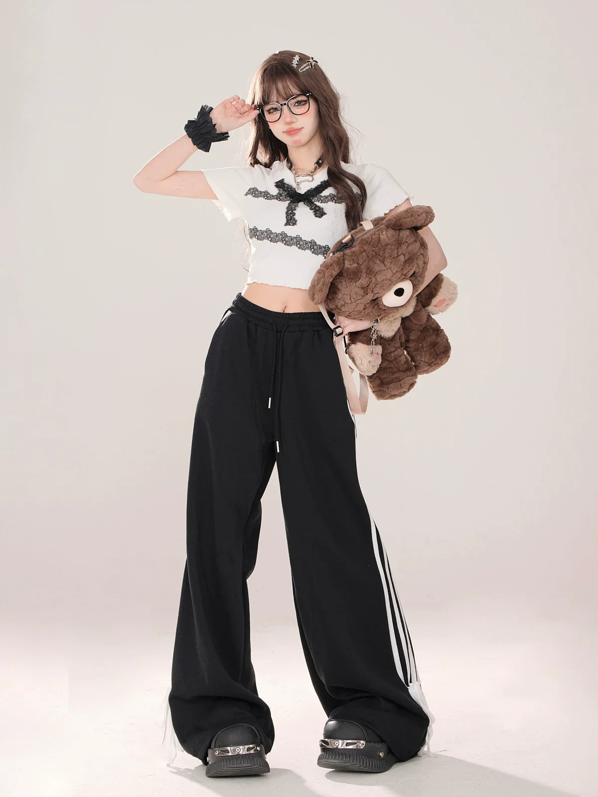 American Street Drawstring Ribbon Design Casual Pants