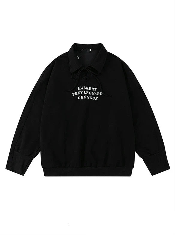 Strap Design Polo Collar Loose Sweatshirt black