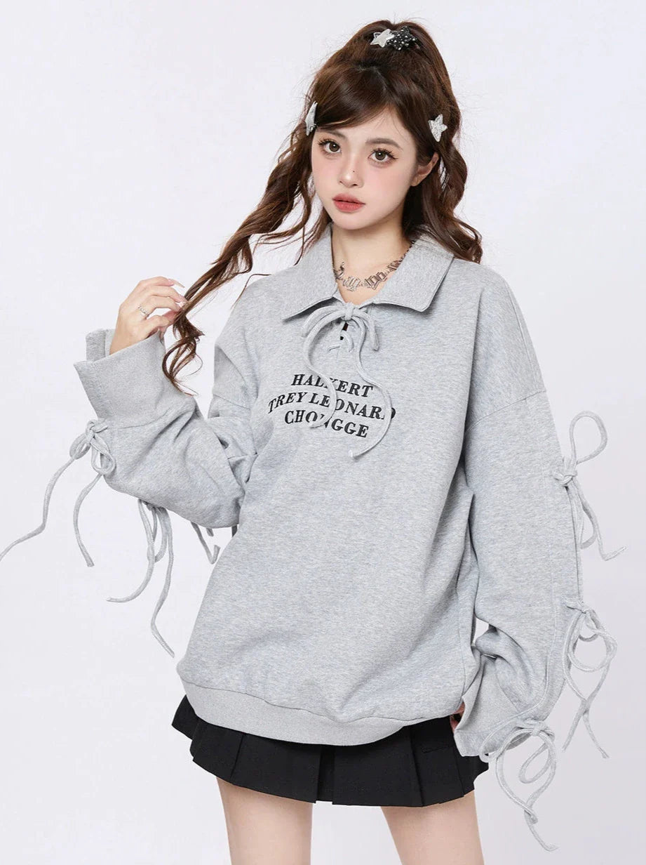 Strap Design Polo Collar Loose Sweatshirt