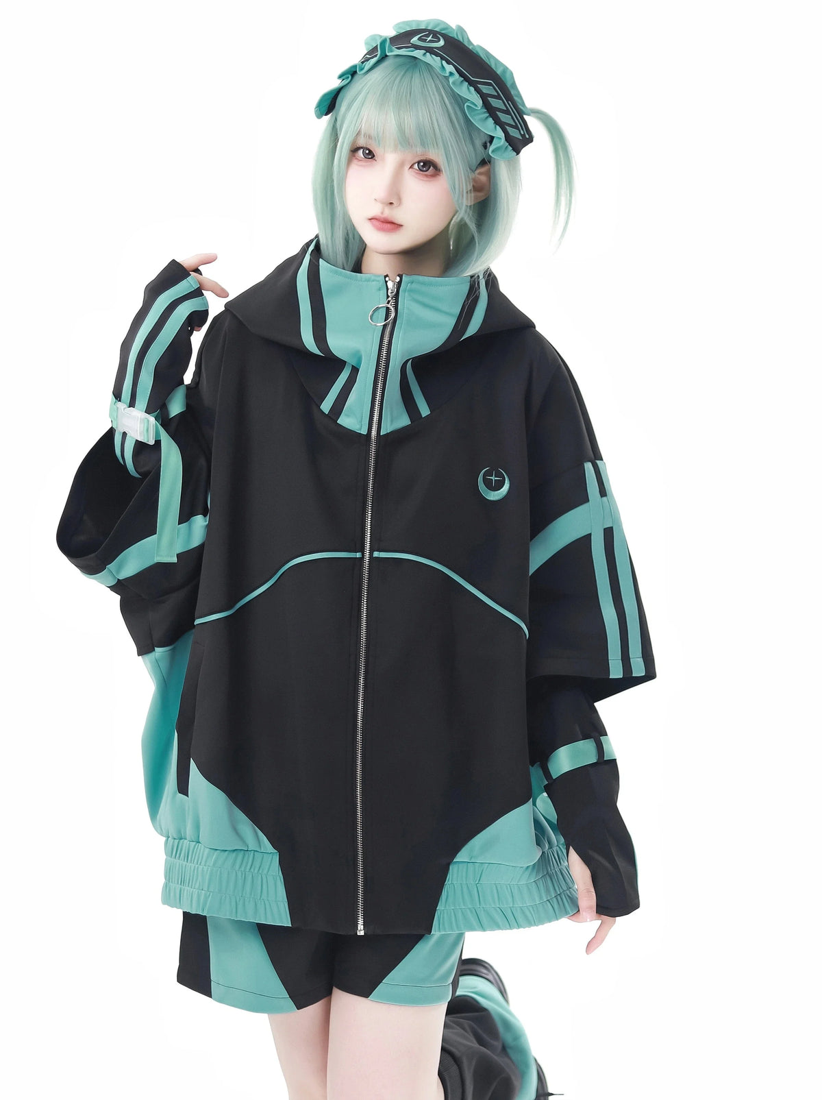 Sporty Cyber Subculture Complete Set Green onion black coat