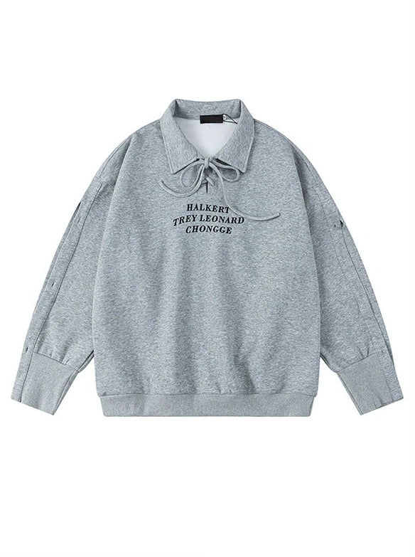 Strap Design Polo Collar Loose Sweatshirt gray