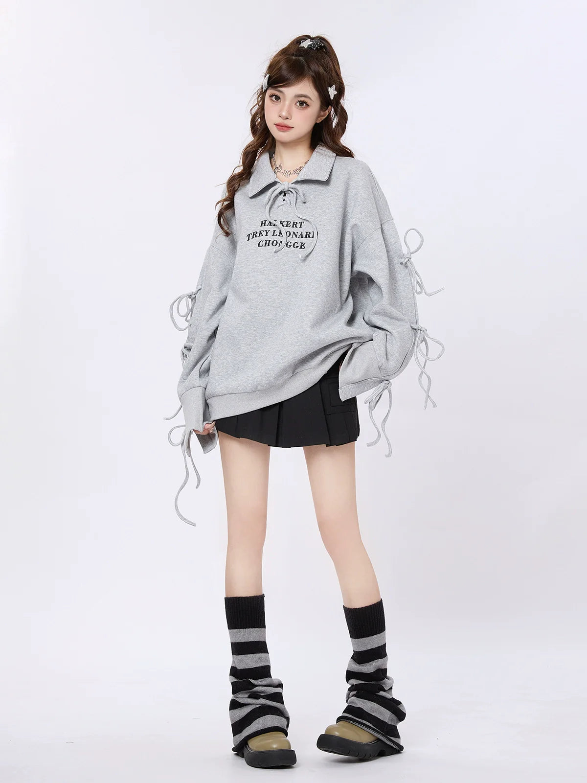 Strap Design Polo Collar Loose Sweatshirt