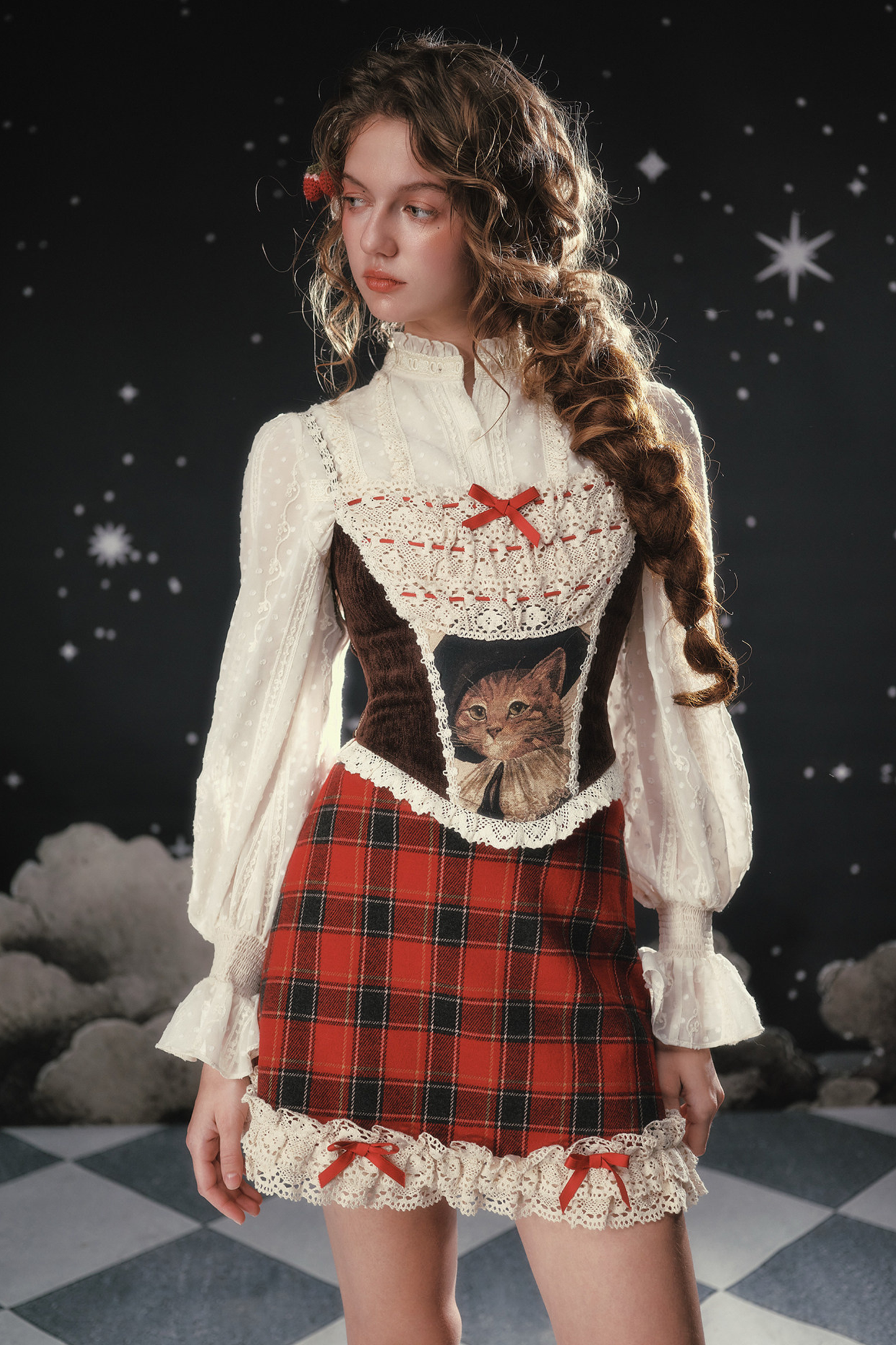 Lace Maid Plaid Corset Top + Crochet Cardigan + Plaid Skirt