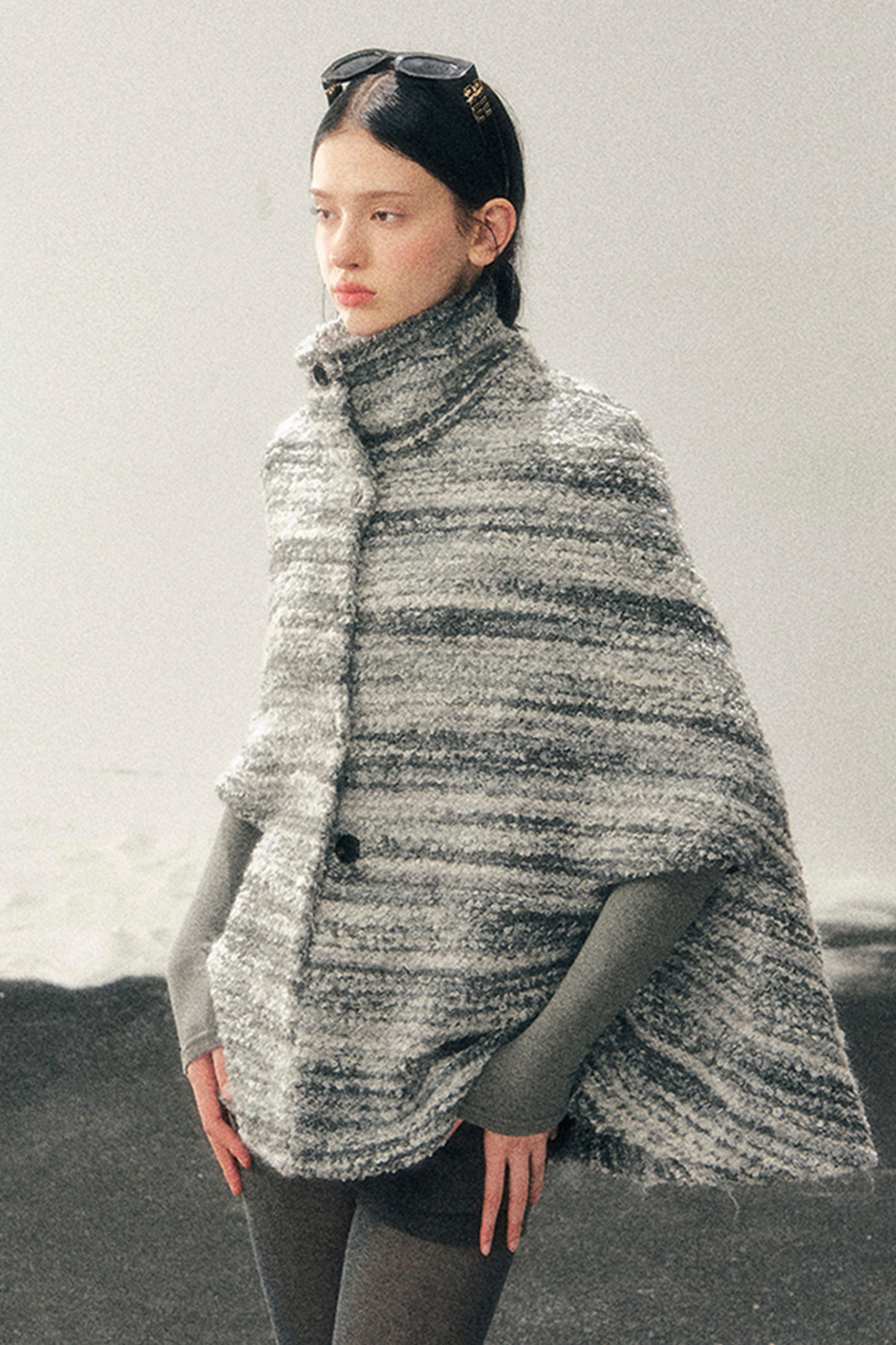 French Striped Wool Turtleneck Coat