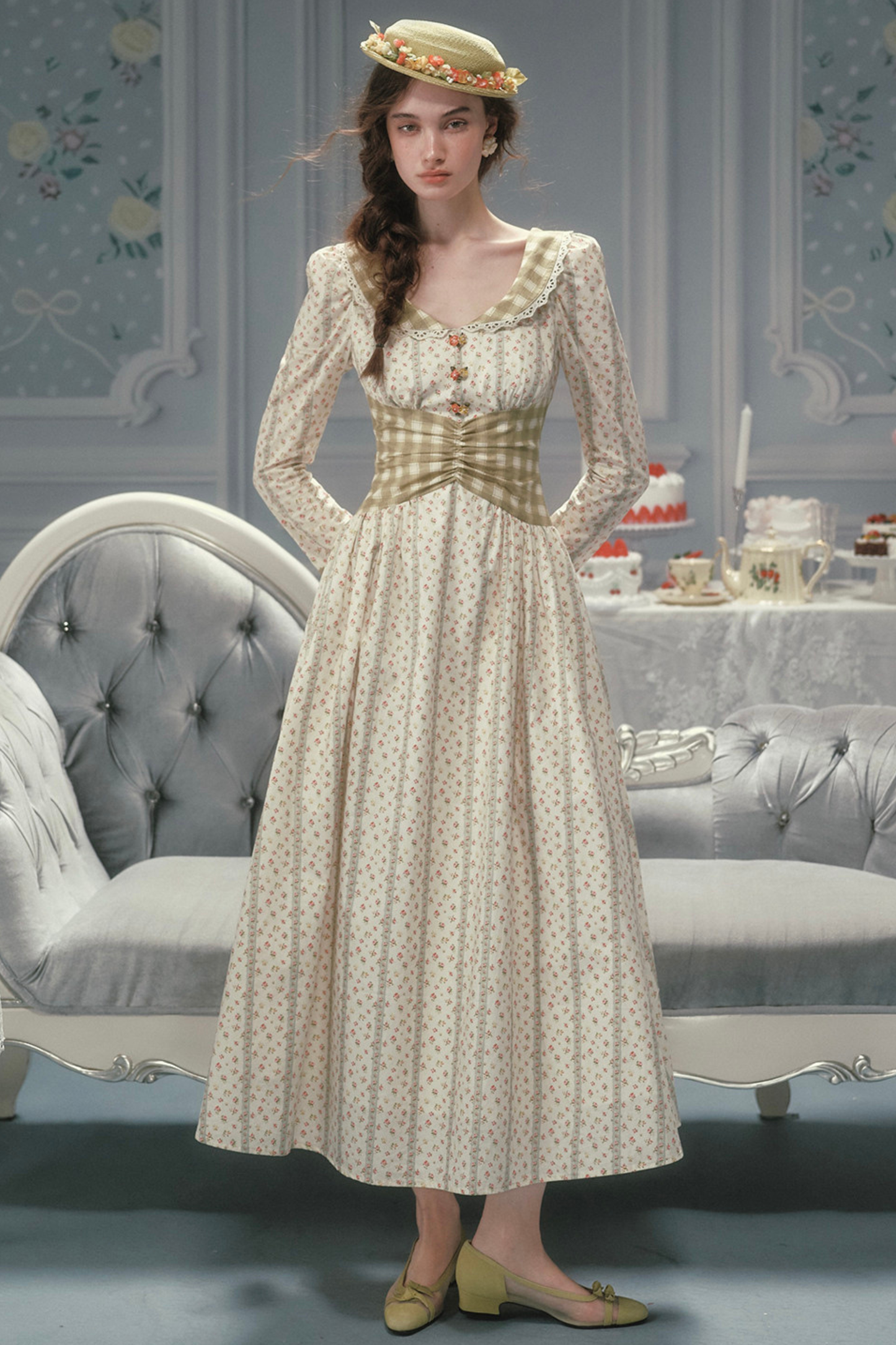 Retro Lace Maid Floral Cotton Dress