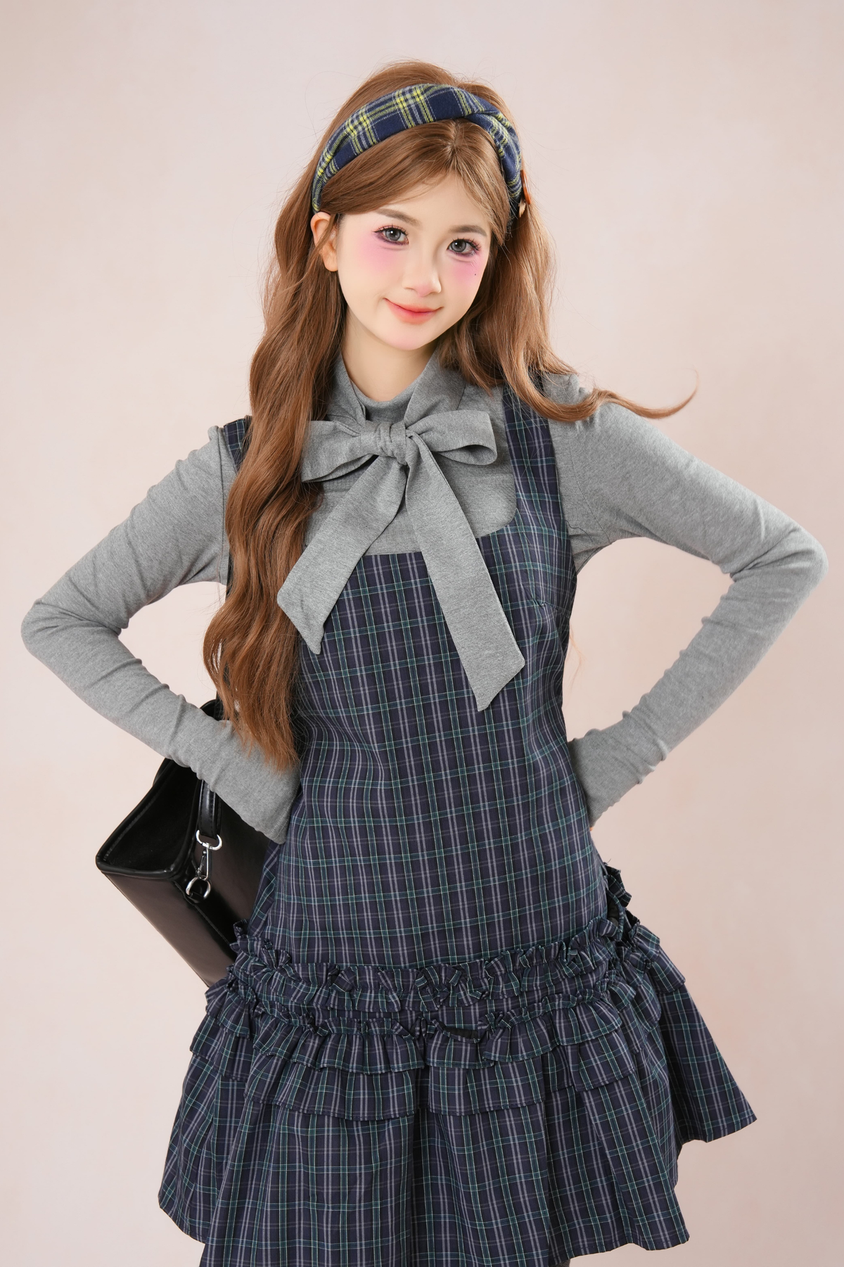 Dark French Ruffle Check Sleeveless Dress + Shirt