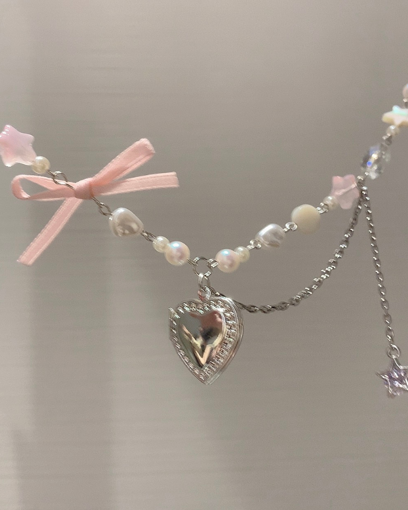 Bow Heart Necklace With Small Photo Album