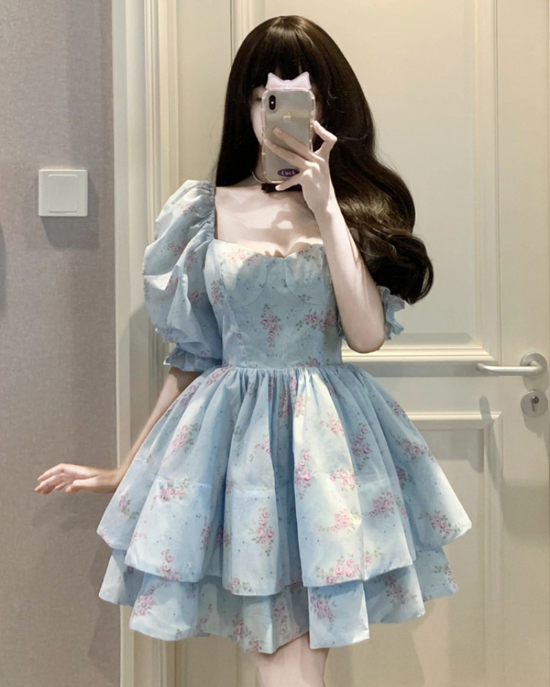 French Blue Puff Sleeve Coquette Dress