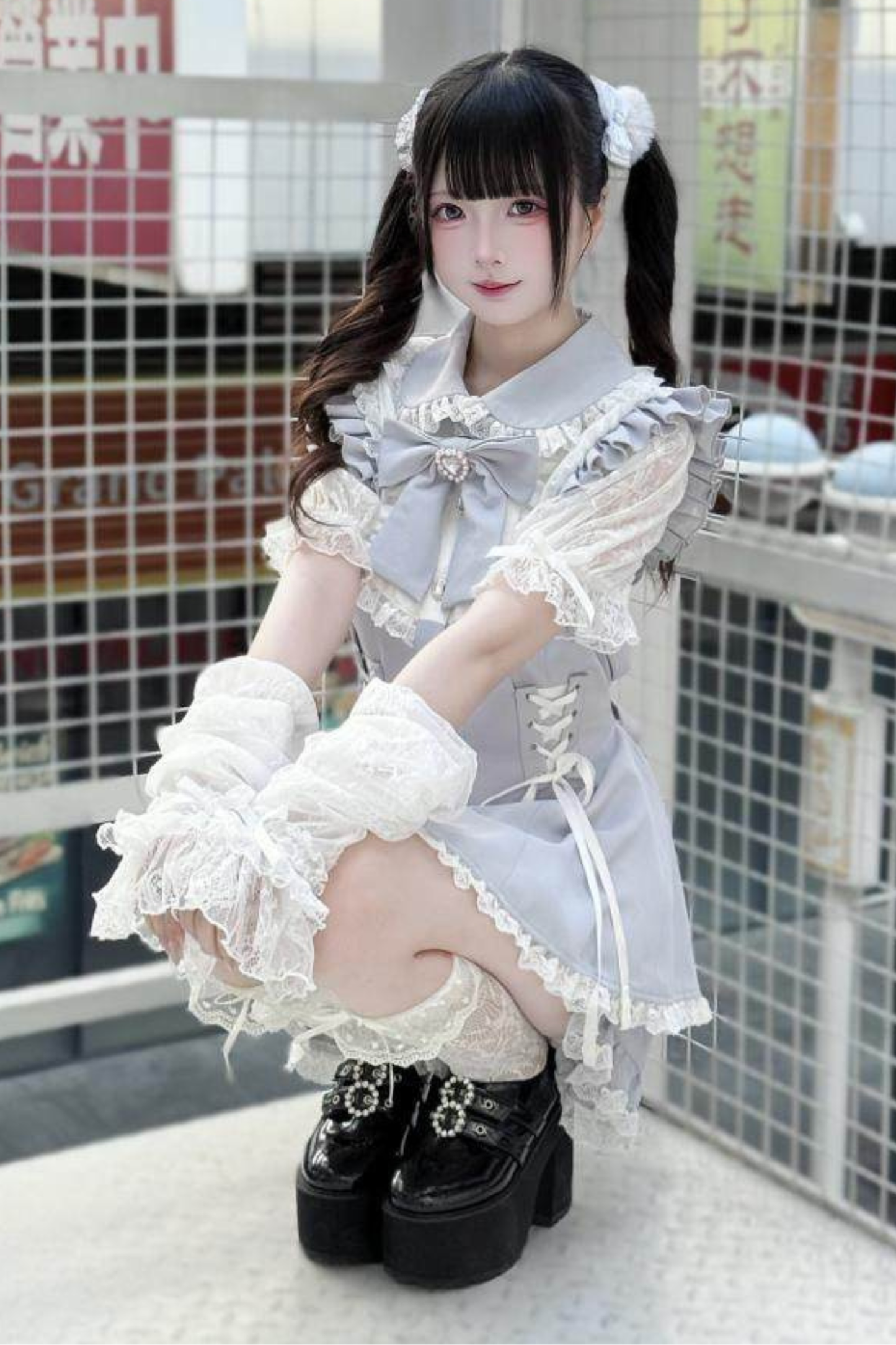 Lace-up Jirai Dress + Shorts + Sleeves + Brooch