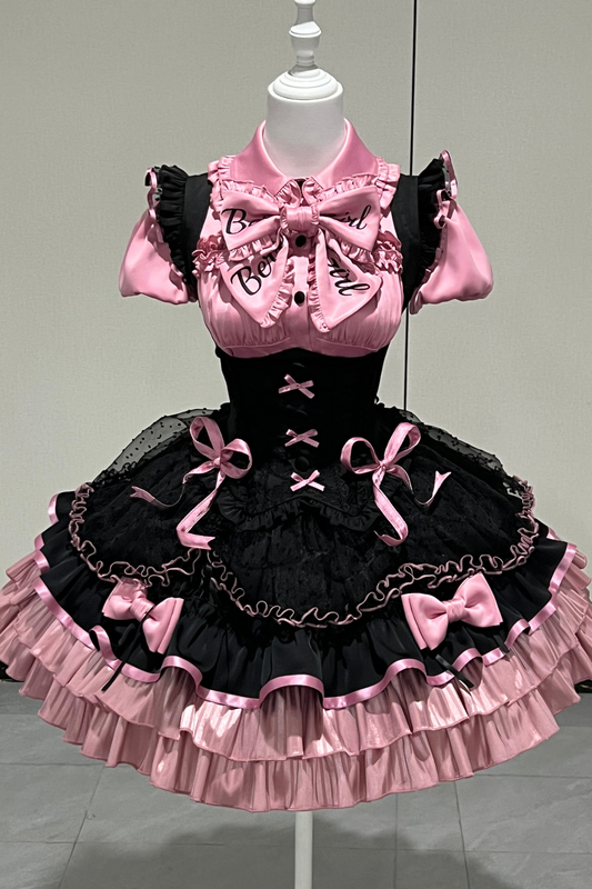 【Pre-order until March 10】Candy Heartbeat Lolita Shirt + Jumper Skirt + Hat + Ribbon Set (Shirt+Skirt)