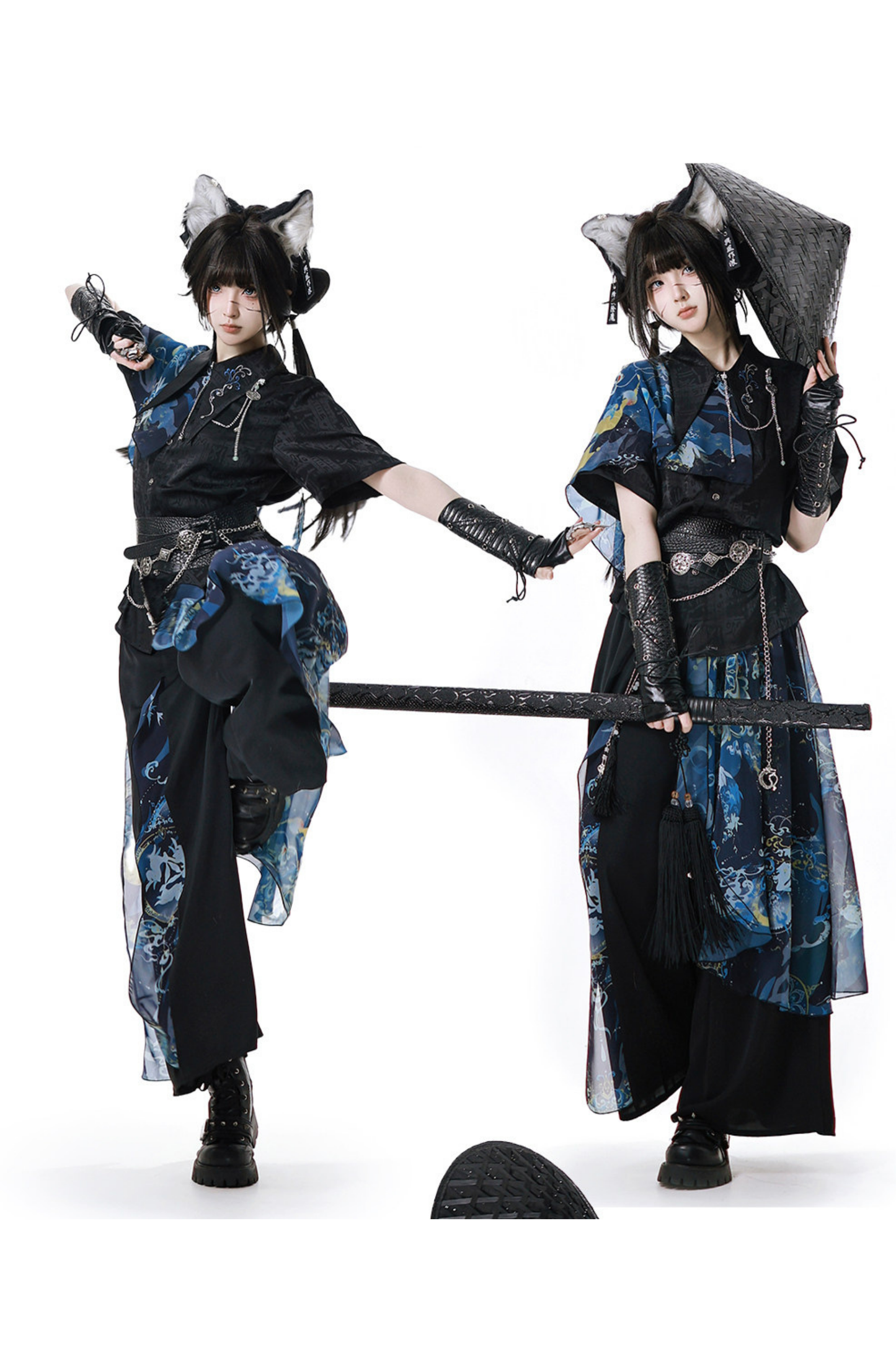 Dark China Shirt + Wide Leg Pants + Chain + Belt