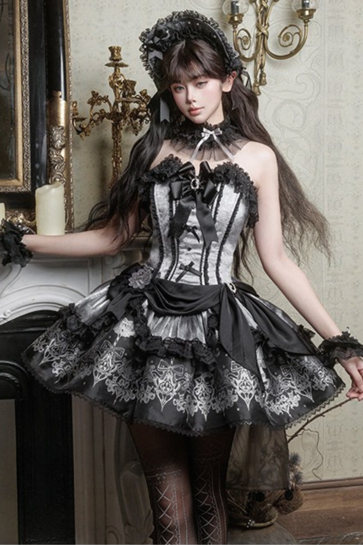 【Reservation Deadline February 28】Dark Silver Lace Lolita Dress + BNT + Neck Accessories