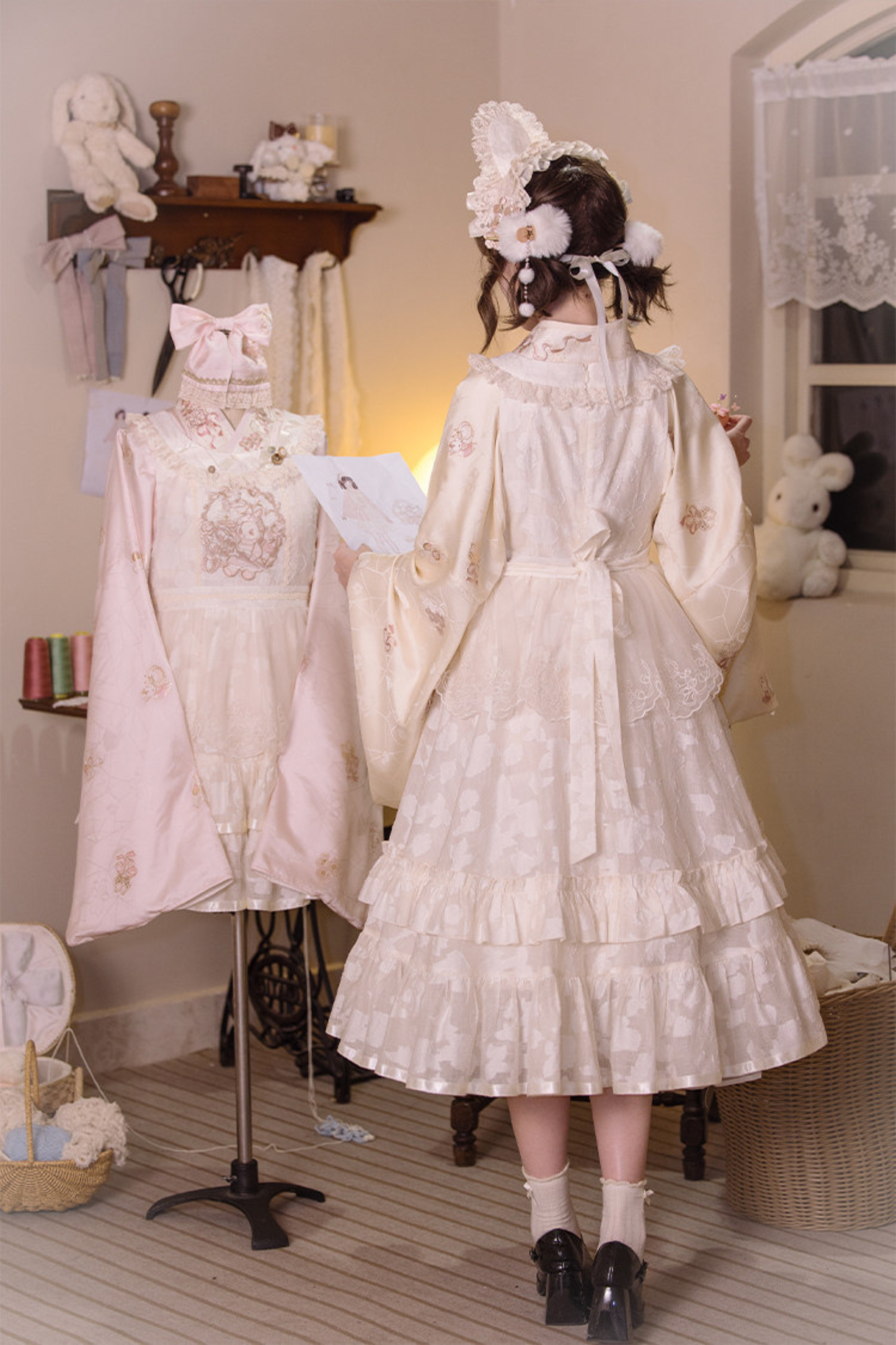 Chinese Pastel Top + Apron + Bow + Necklace + Brooch + Hair Accessories